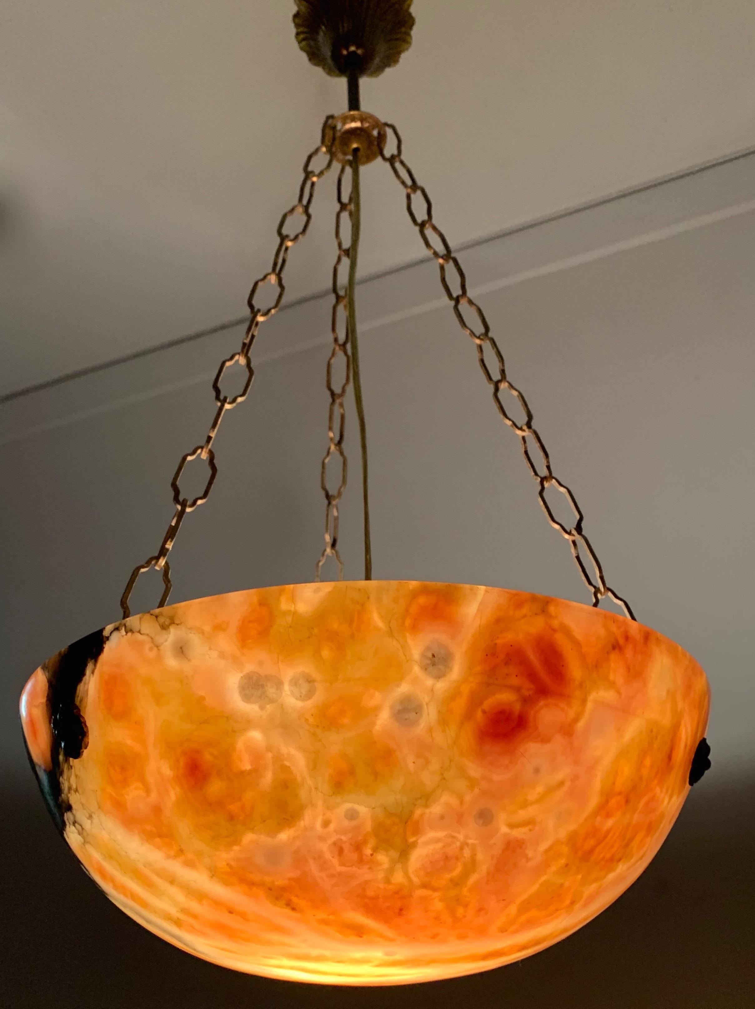 Early 20th Century Great Color Art Deco Alabaster fixture & Brass Chain & Canopy For Sale 12