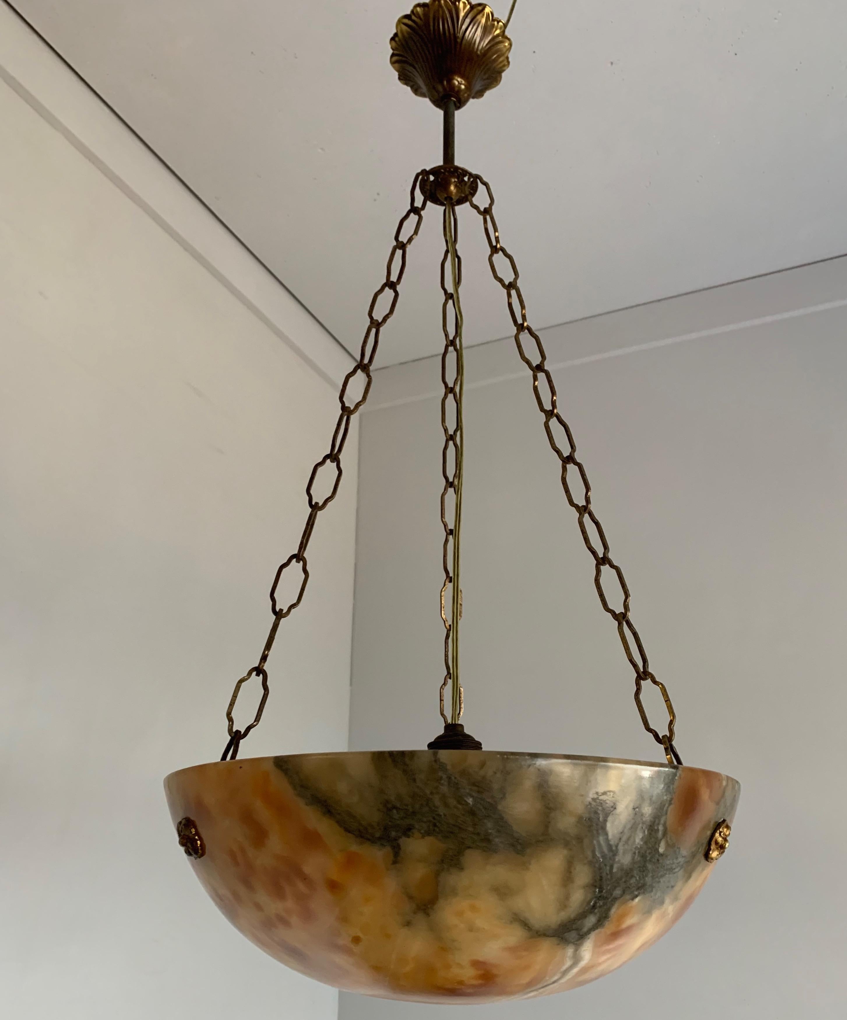 French Early 20th Century Great Color Art Deco Alabaster fixture & Brass Chain & Canopy For Sale