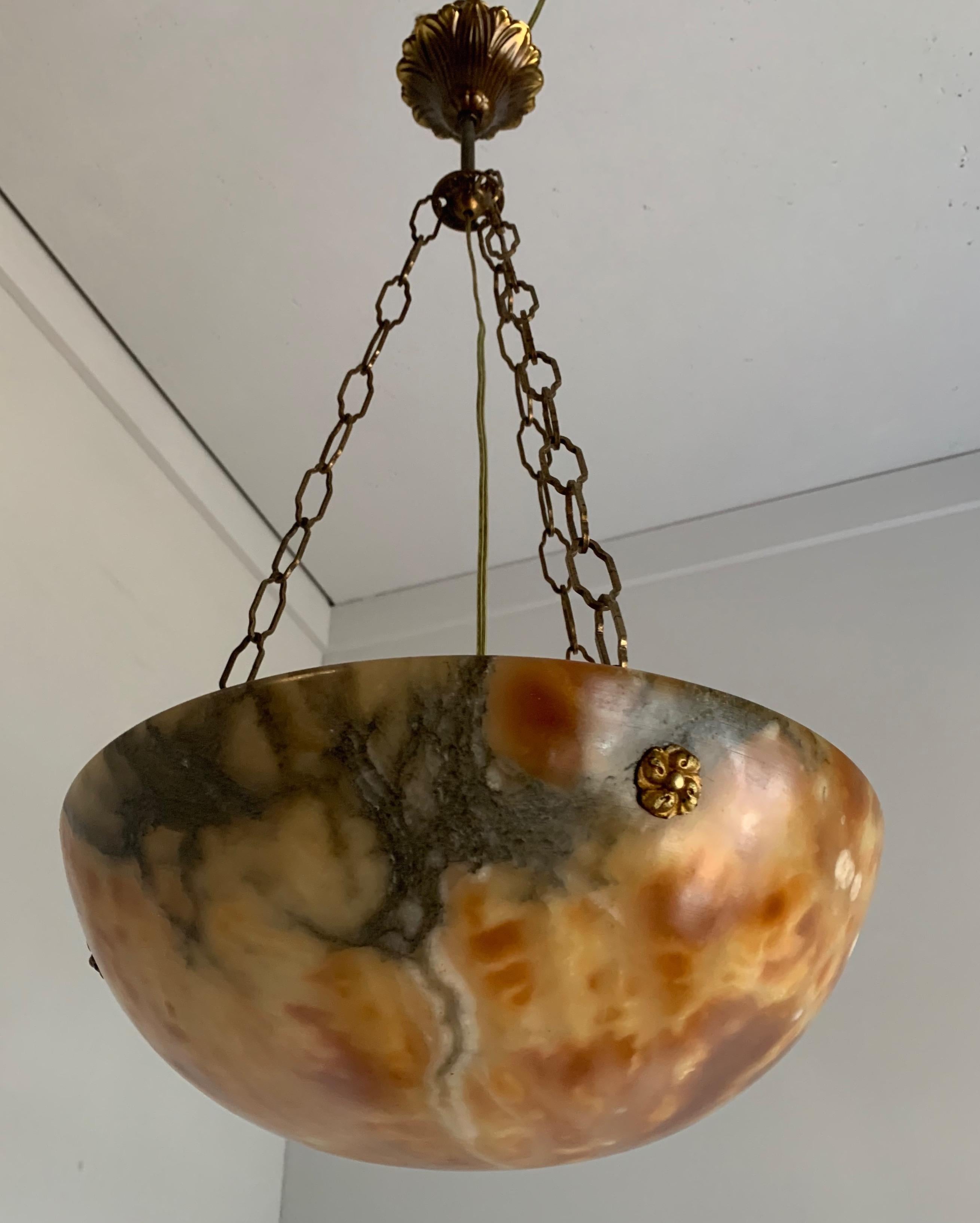 Early 20th Century Great Color Art Deco Alabaster fixture & Brass Chain & Canopy For Sale 2