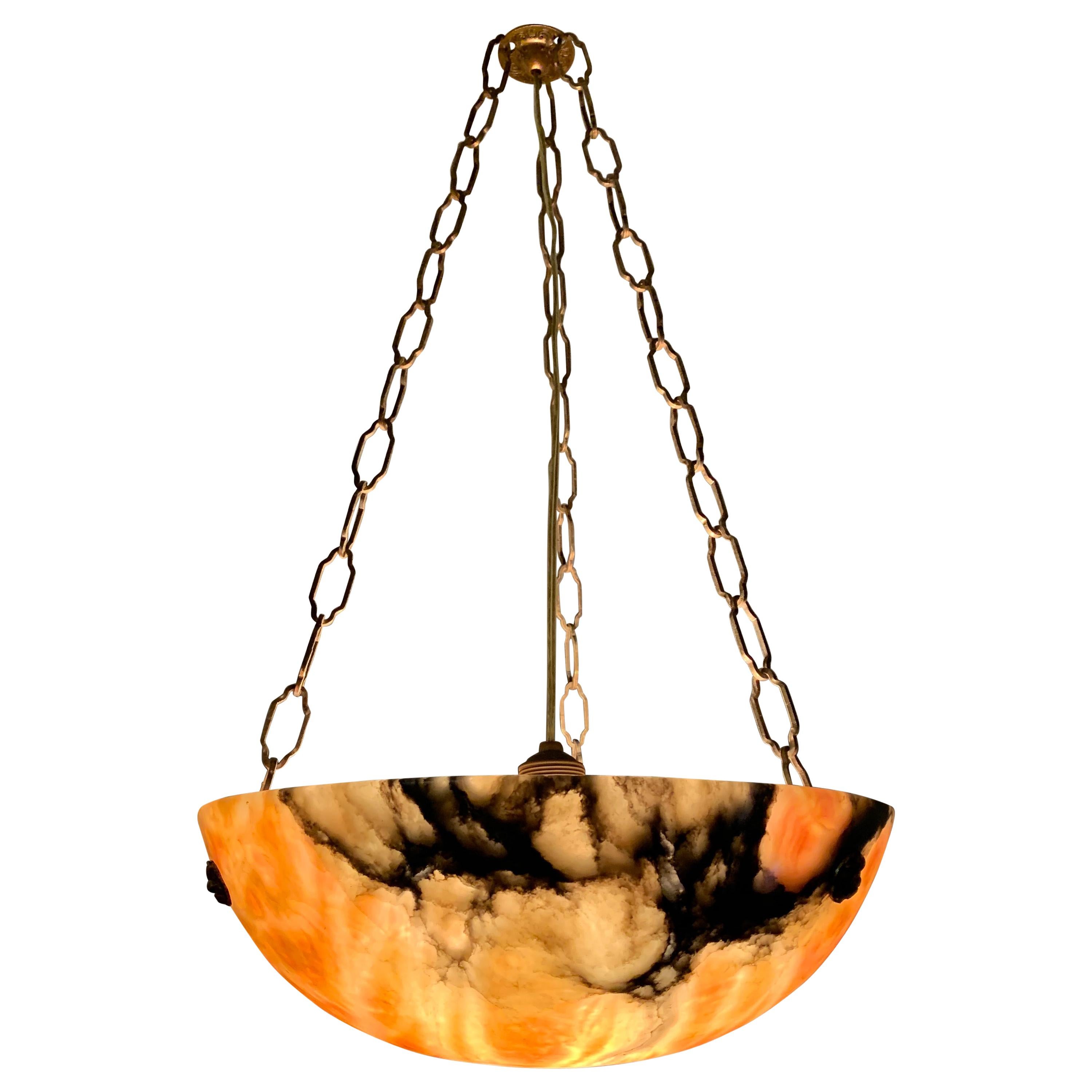 Early 20th Century Great Color Art Deco Alabaster fixture & Brass Chain & Canopy For Sale