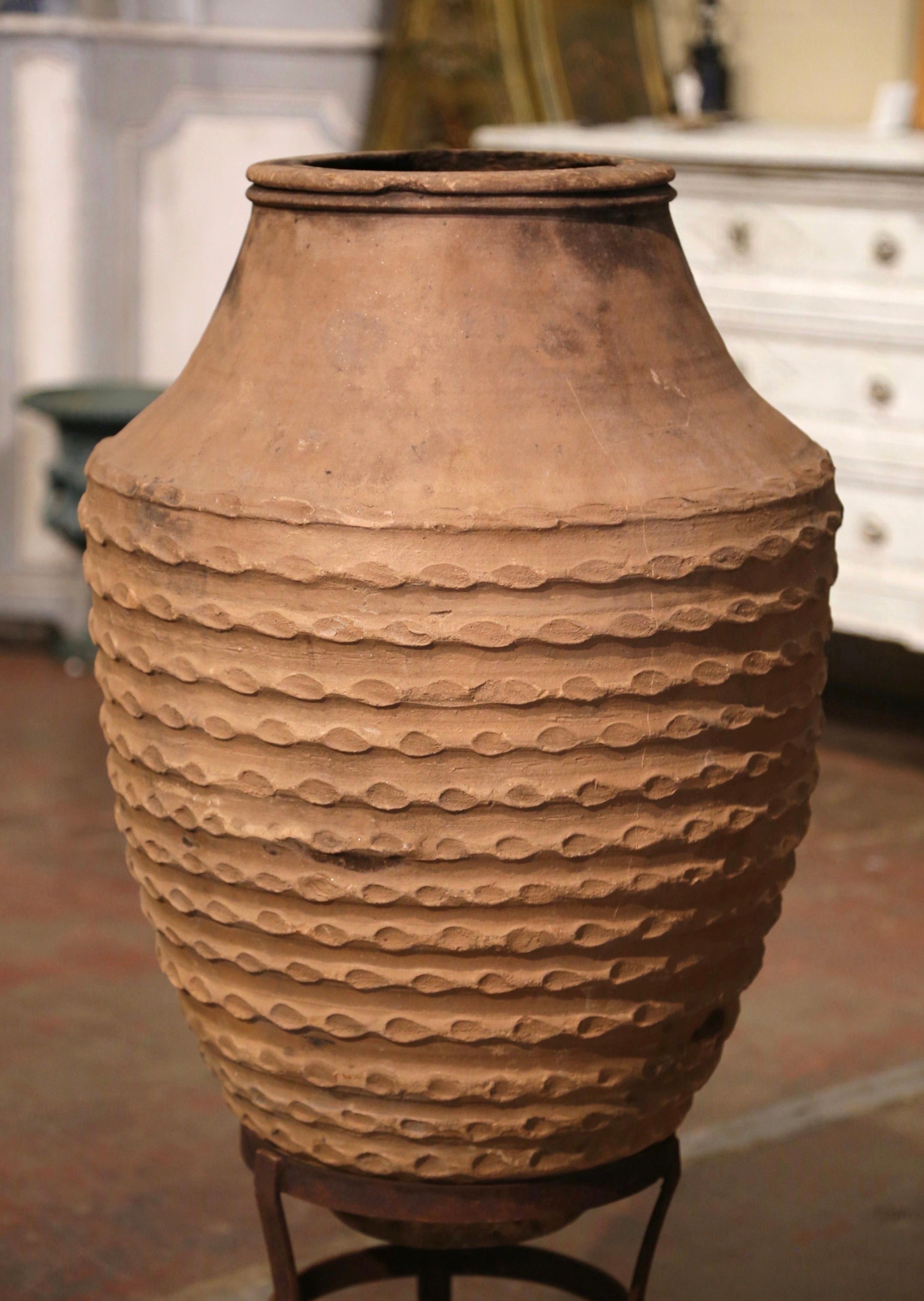 Early 20th Century Greek Fired Banded Terracotta Olive Jar with Iron Stand For Sale 2