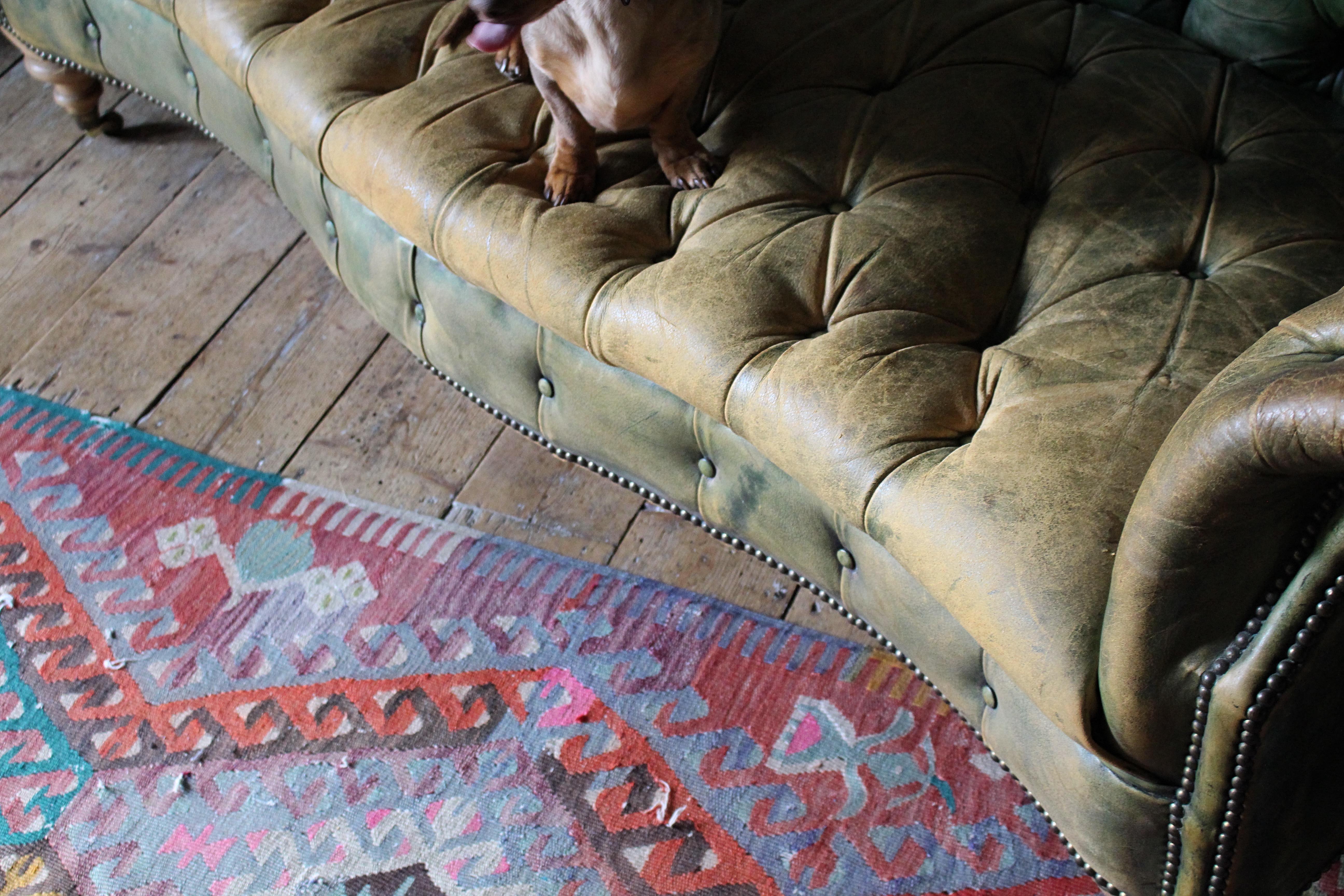Début du 20ème siècle en cuir vert à boutons profonds anglais  Canapé Chesterfield 7