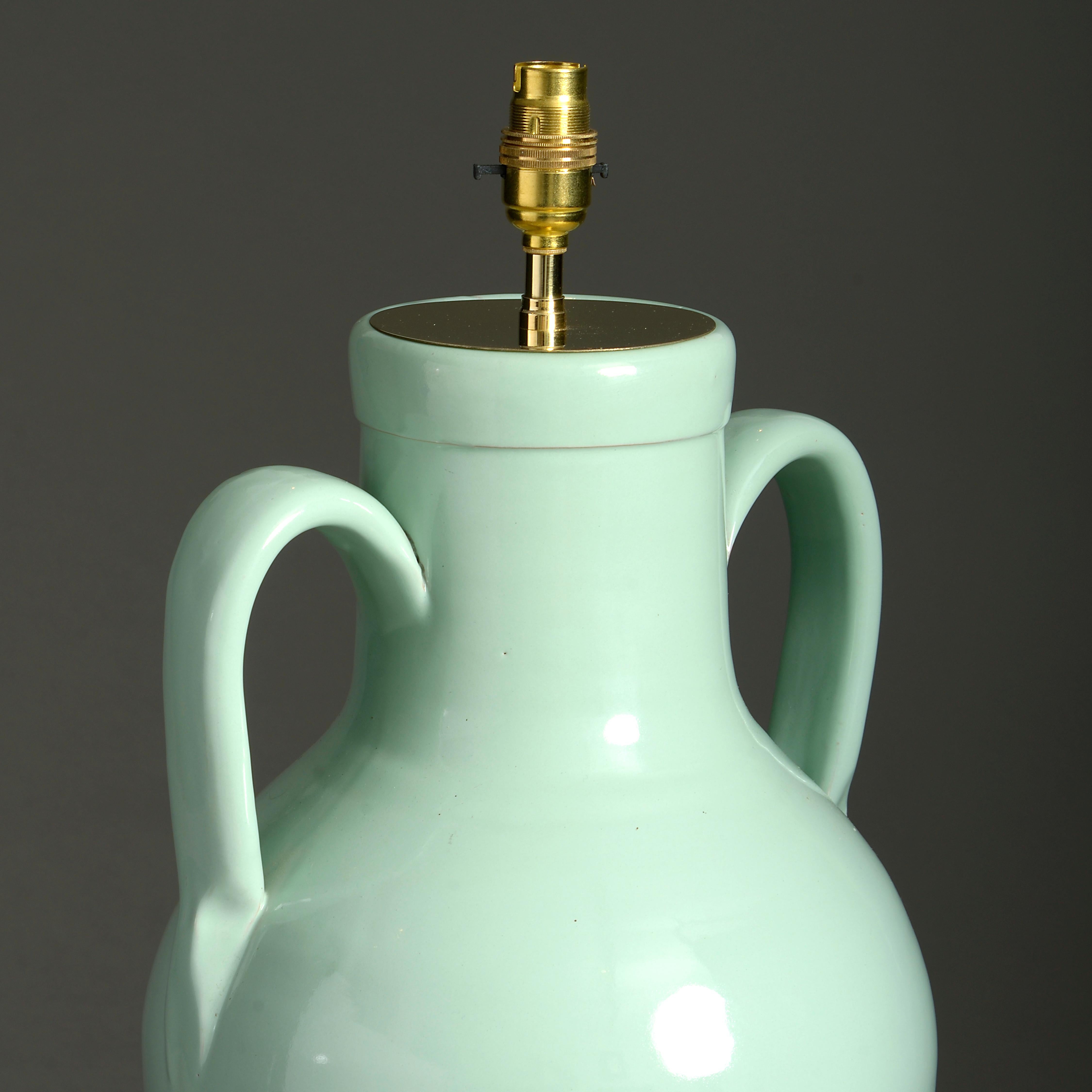 Rustic Early 20th Century Green Glazed Ceramic Vase Lamp Base