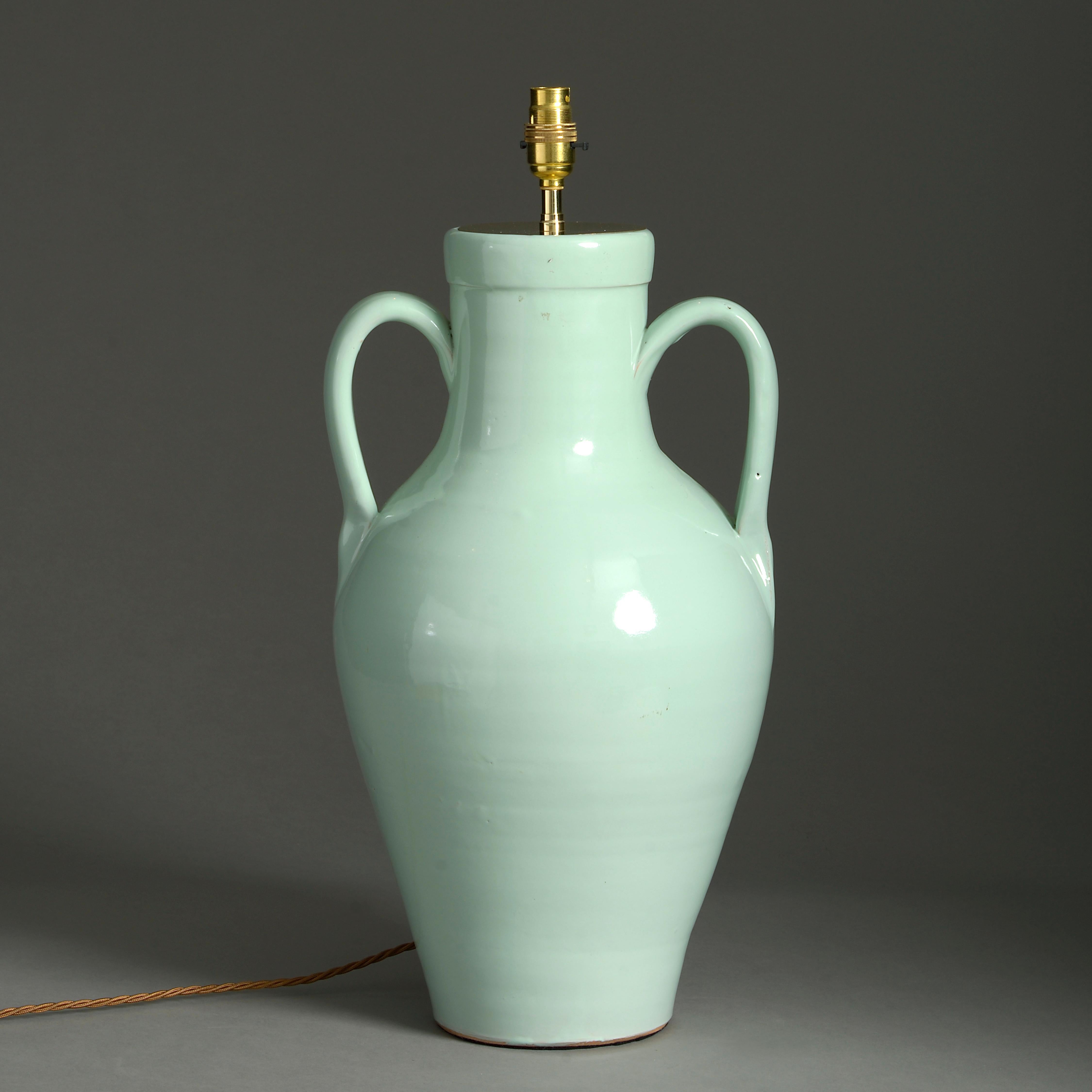 French Early 20th Century Green Glazed Ceramic Vase Lamp Base