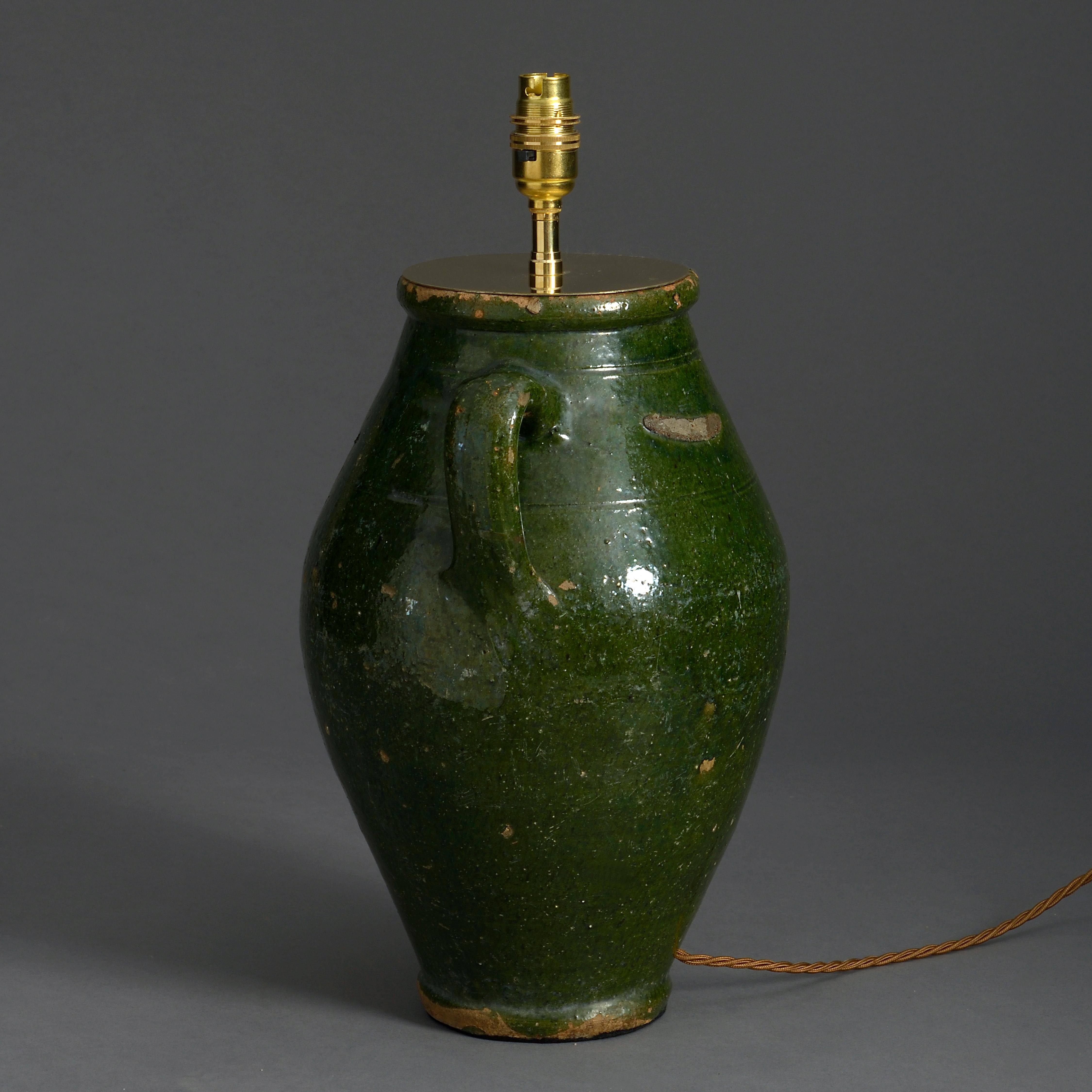 Rustic Early 20th Century Green Glazed Pottery Vase Lamp
