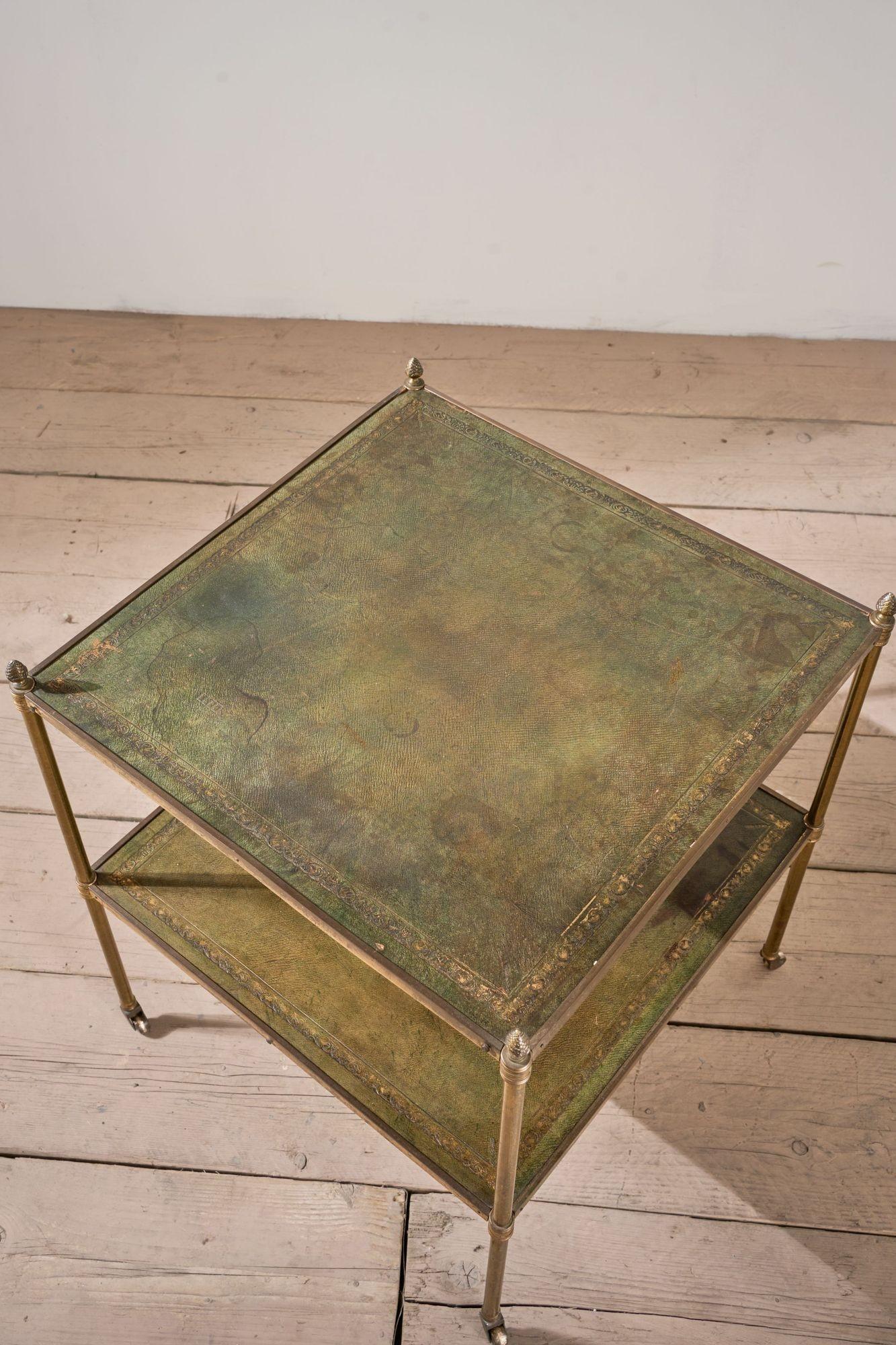 20th Century Early 20th century Green leather and brass side table For Sale