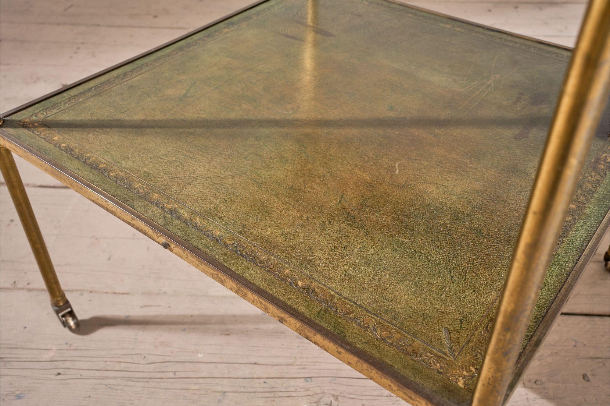 Early 20th century Green leather and brass side table For Sale 1