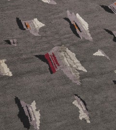 Handwoven Art Deco Rug, Grey Wool, French Design, Early 20th Century