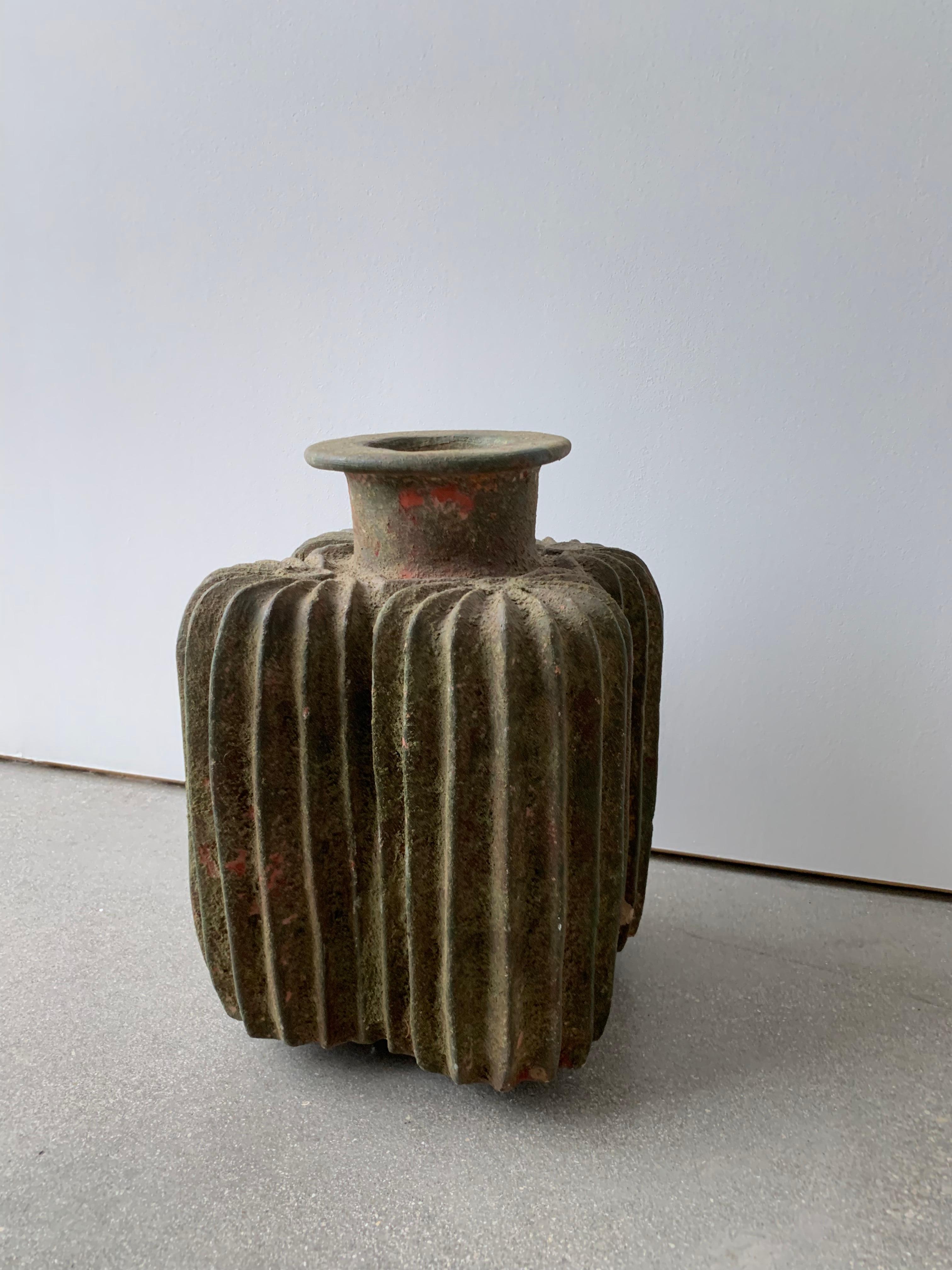 Hand-Crafted Early 20th Century Grooved Clay Vessel