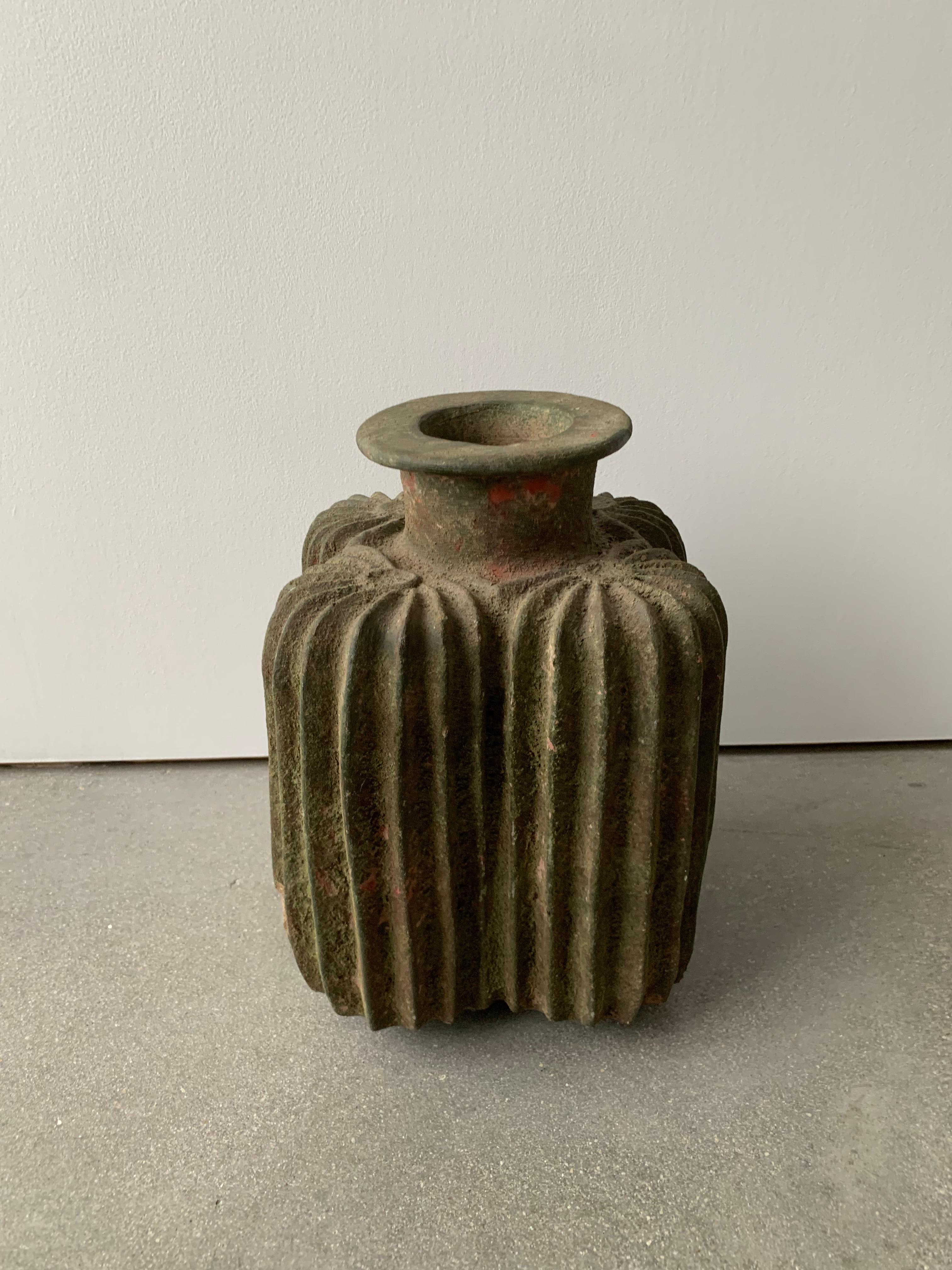 Early 20th Century Grooved Clay Vessel In Fair Condition In Miami, FL