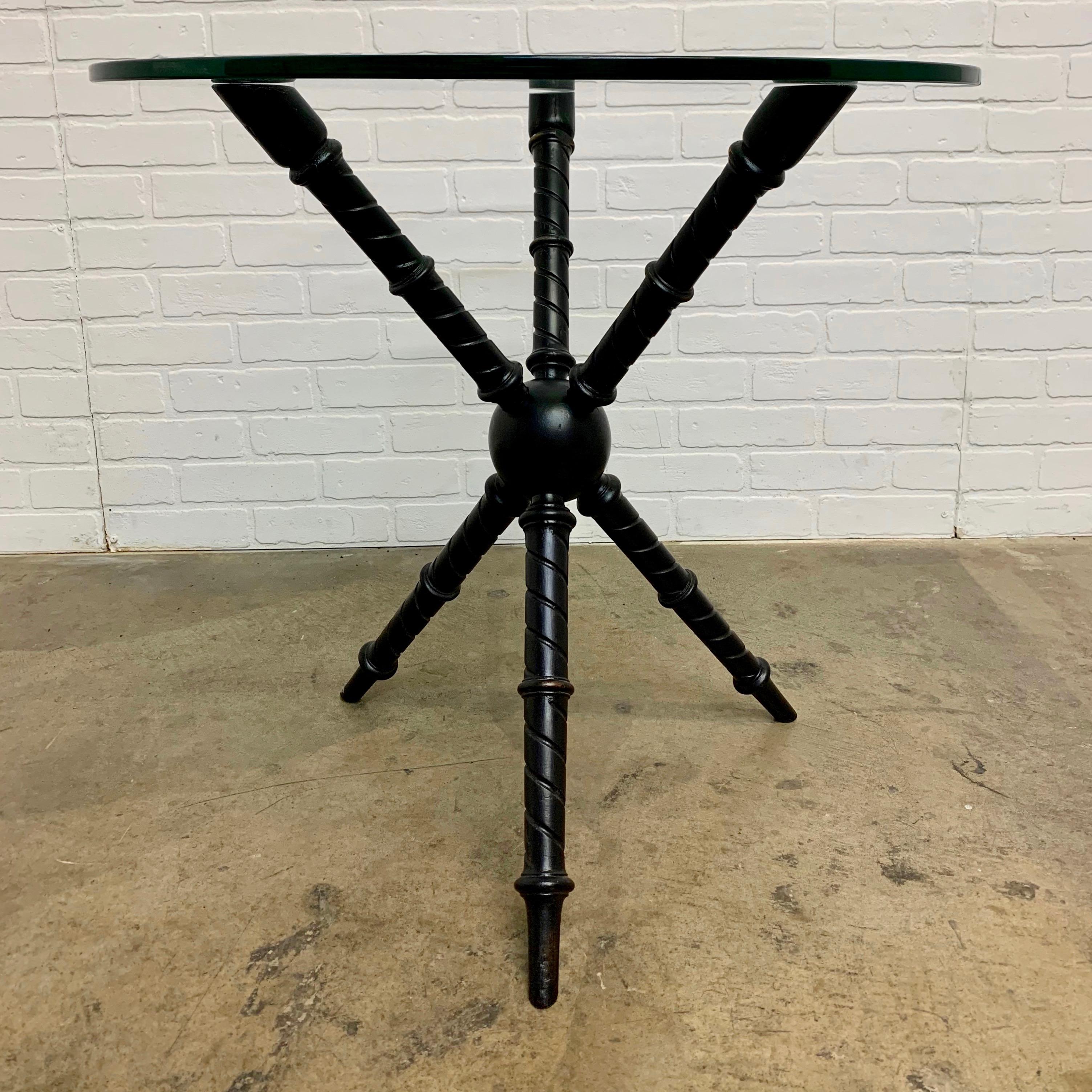 Tripod ebonized mahogany Jax table base with twisted fluted legs and center sphere, originally this table had an upholstered wooden top.