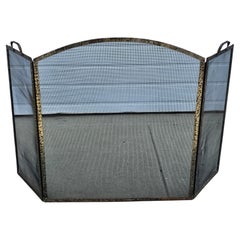 Antique Early 20th Century Hammered Iron and Wire Mesh Trifold Fireplace Screen