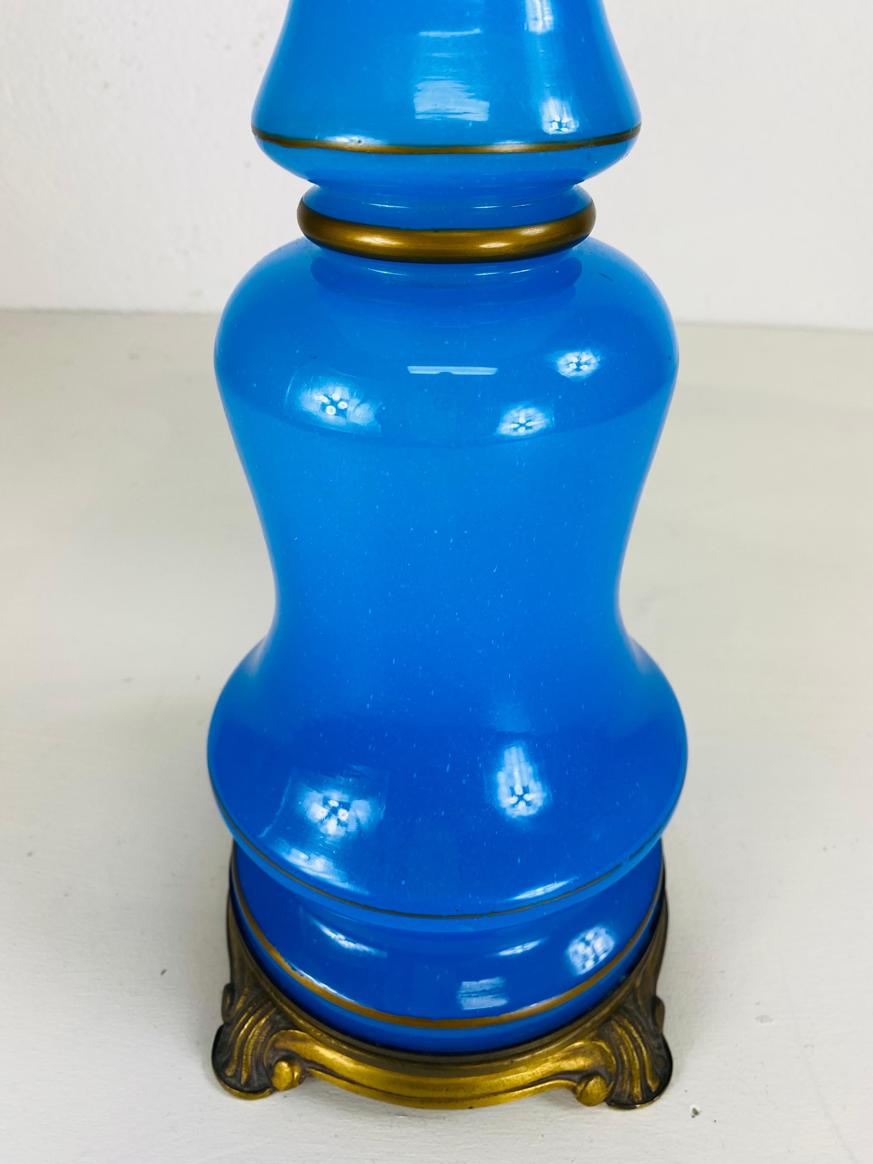 Glass Early 20th century hand blown blue opaline French glass table lamp For Sale