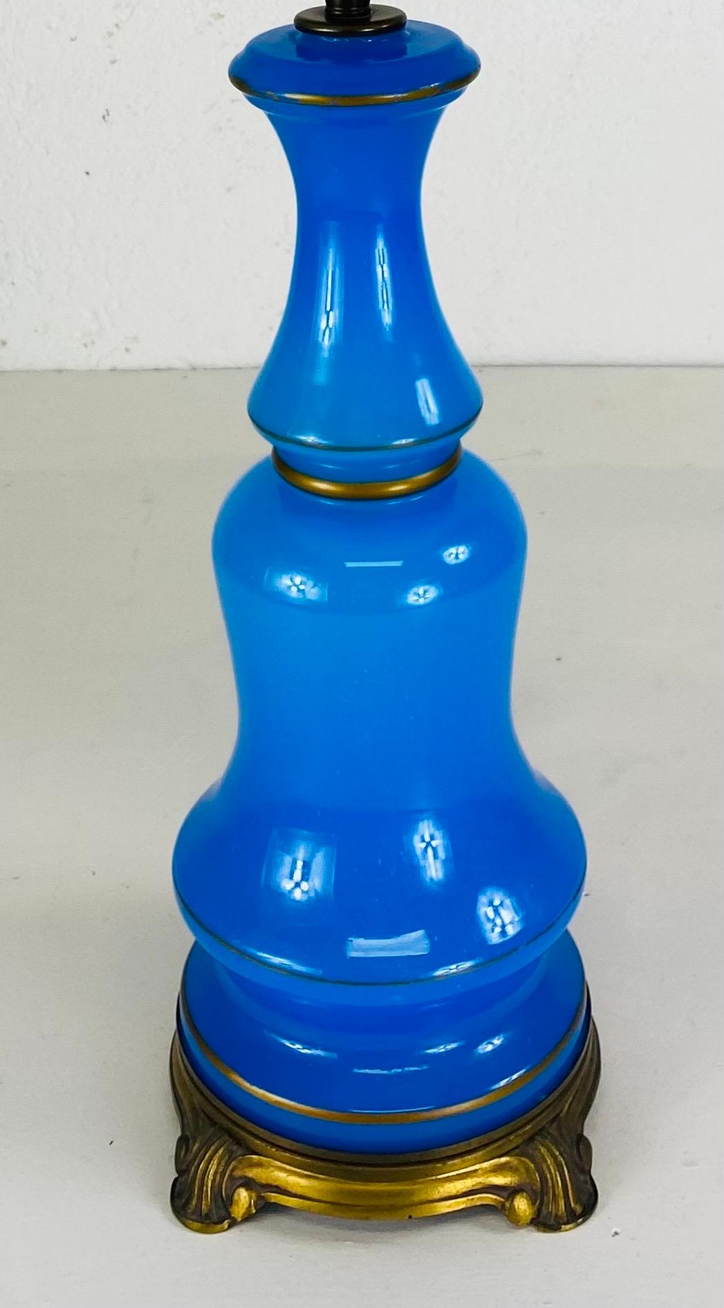 Early 20th century hand blown blue opaline French glass table lamp For Sale 1