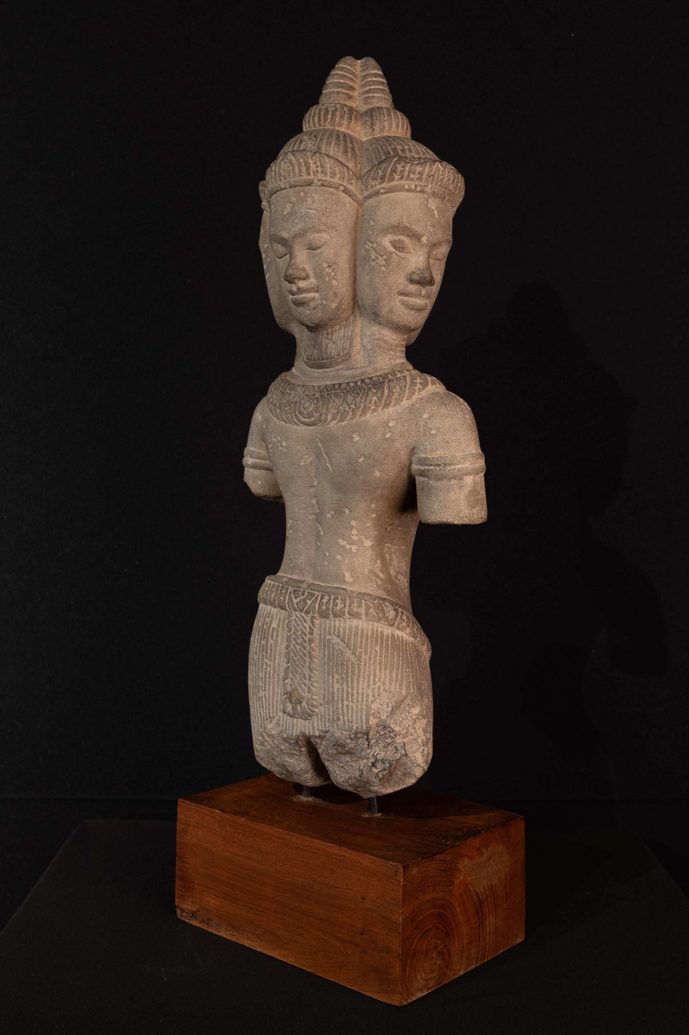 Cambodian Early 20th century hand-carved 4 heads sculpture from Cambodia For Sale