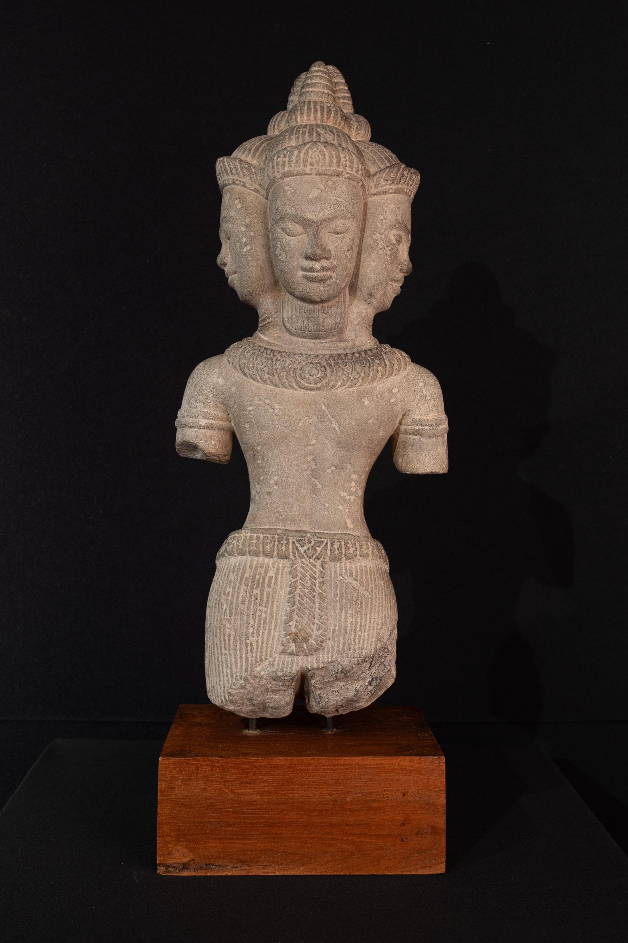 Hand-Carved Early 20th century hand-carved 4 heads sculpture from Cambodia For Sale