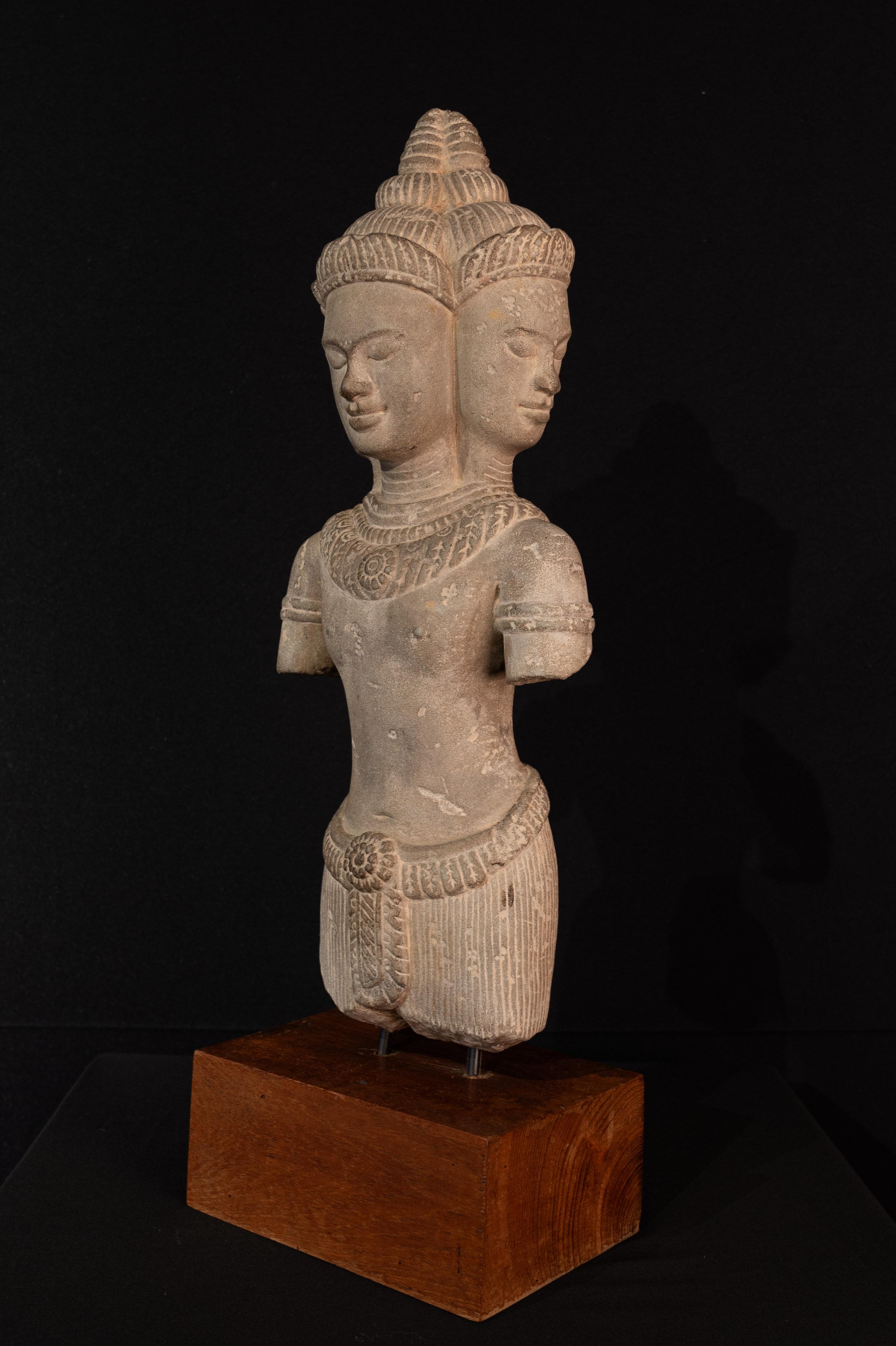 20th Century Early 20th century hand-carved 4 heads sculpture from Cambodia For Sale