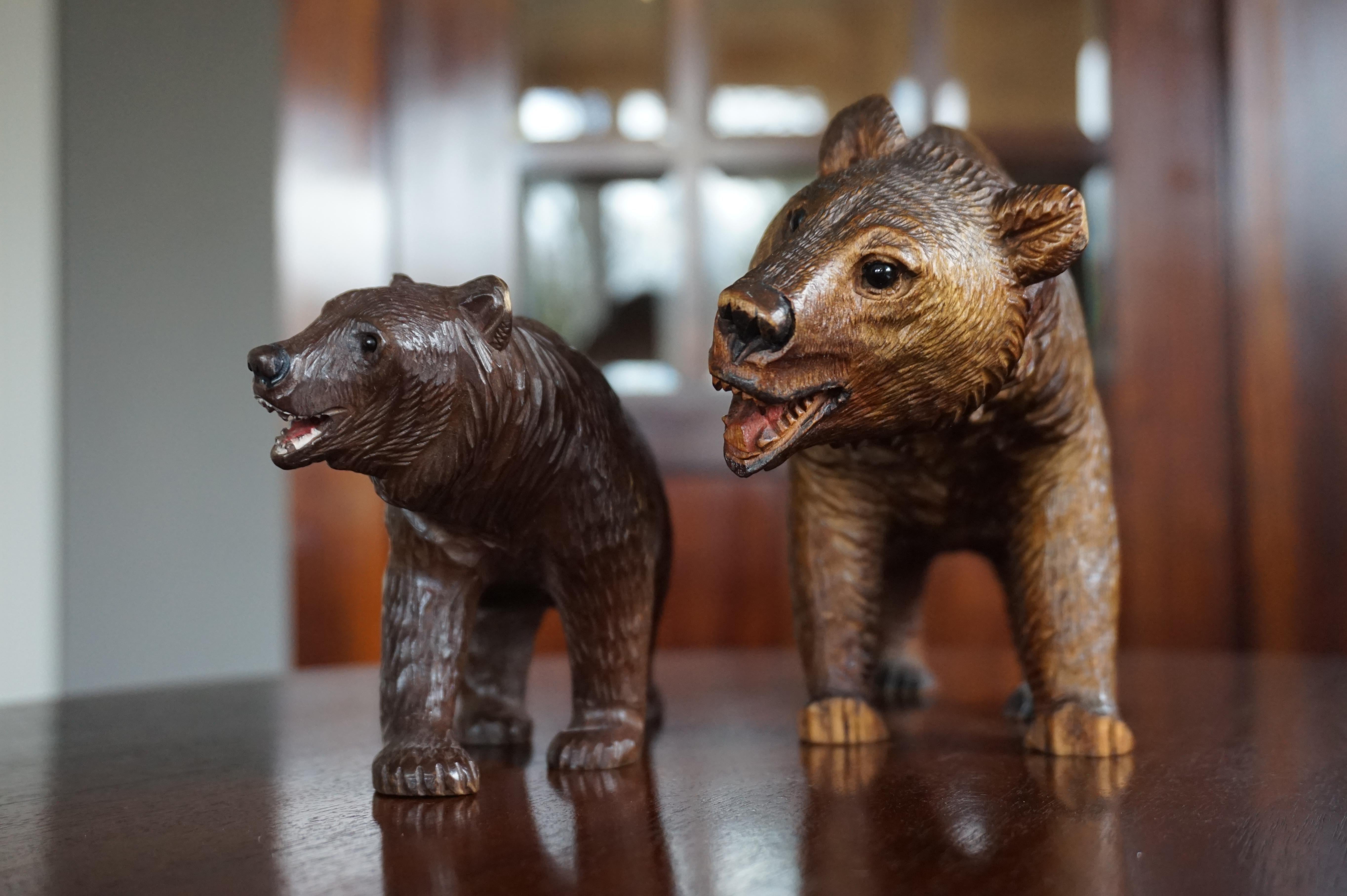 Hand-Carved Early 20th Century Hand Carved Black Forest Papa and Junior Bear Sculptures