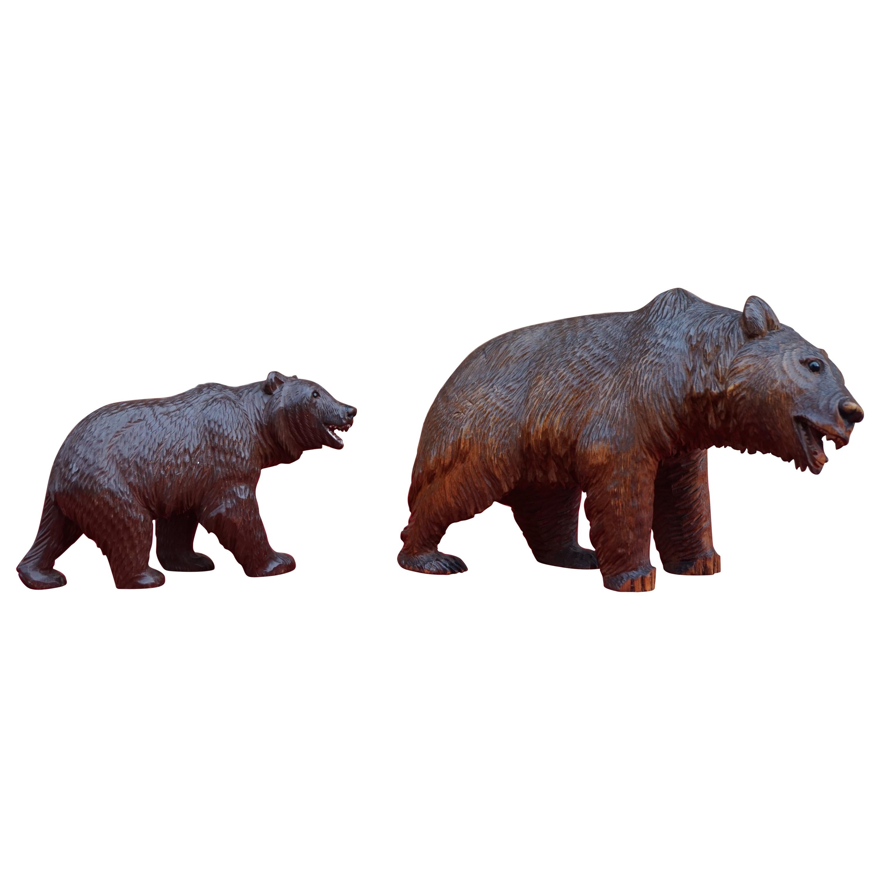 Early 20th Century Hand Carved Black Forest Papa and Junior Bear Sculptures