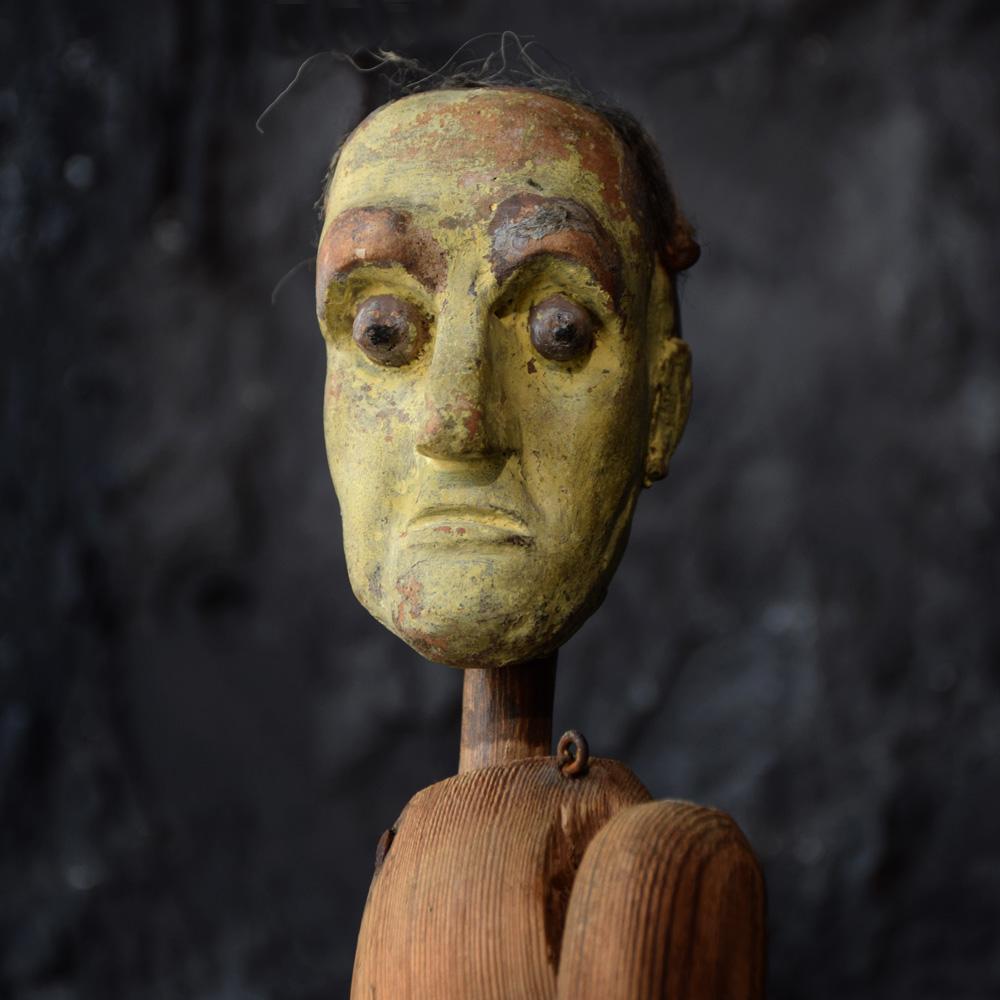 Early 20th century Ghostly French Marionette puppet
We are proud to offer a ghostly looking early 20th century handmade French Marionette. Hand carved from pine wood, jointed with lead and metal, original old paint is present across the hands,