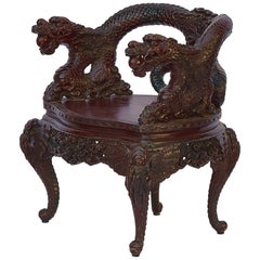 Early 20th Century Hand Carved Japanese Twin Dragon Armchair