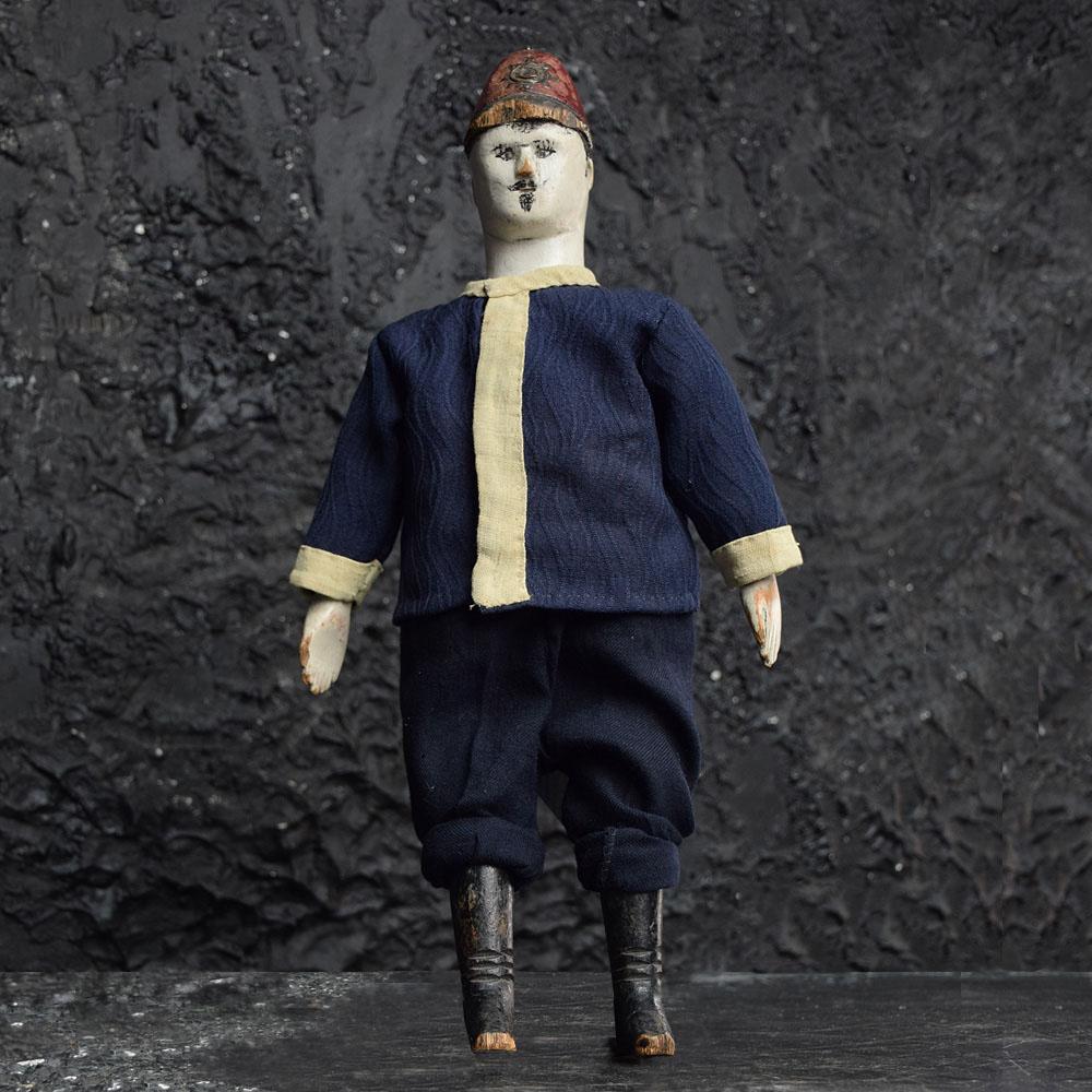 Cotton Early 20th Century Hand Carved Pine German Fireman Puppet For Sale