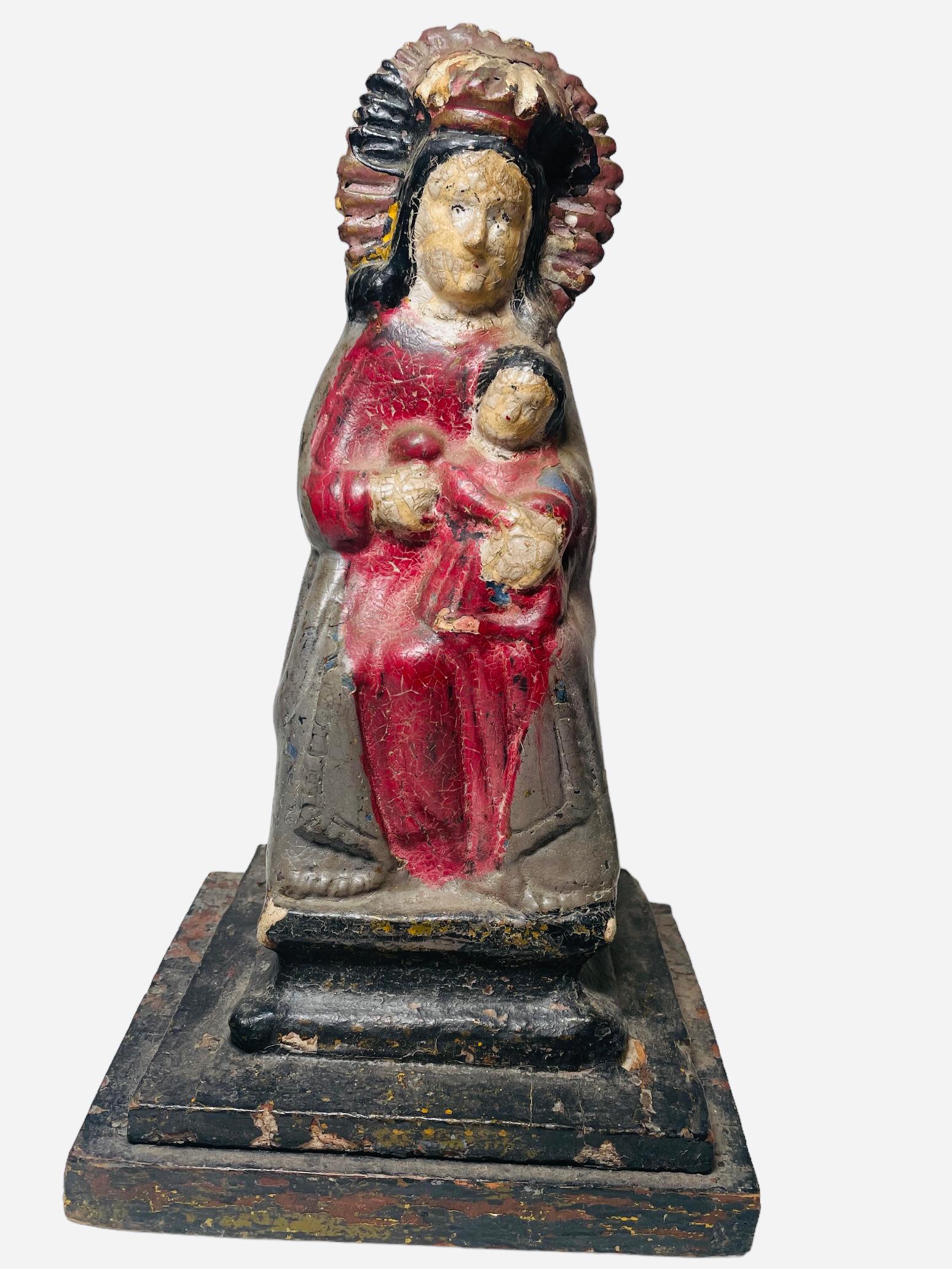 Arts and Crafts Early 20th Century Hand Carved Wood Plaster Sculpture Of Our Lady Of Monserrat For Sale