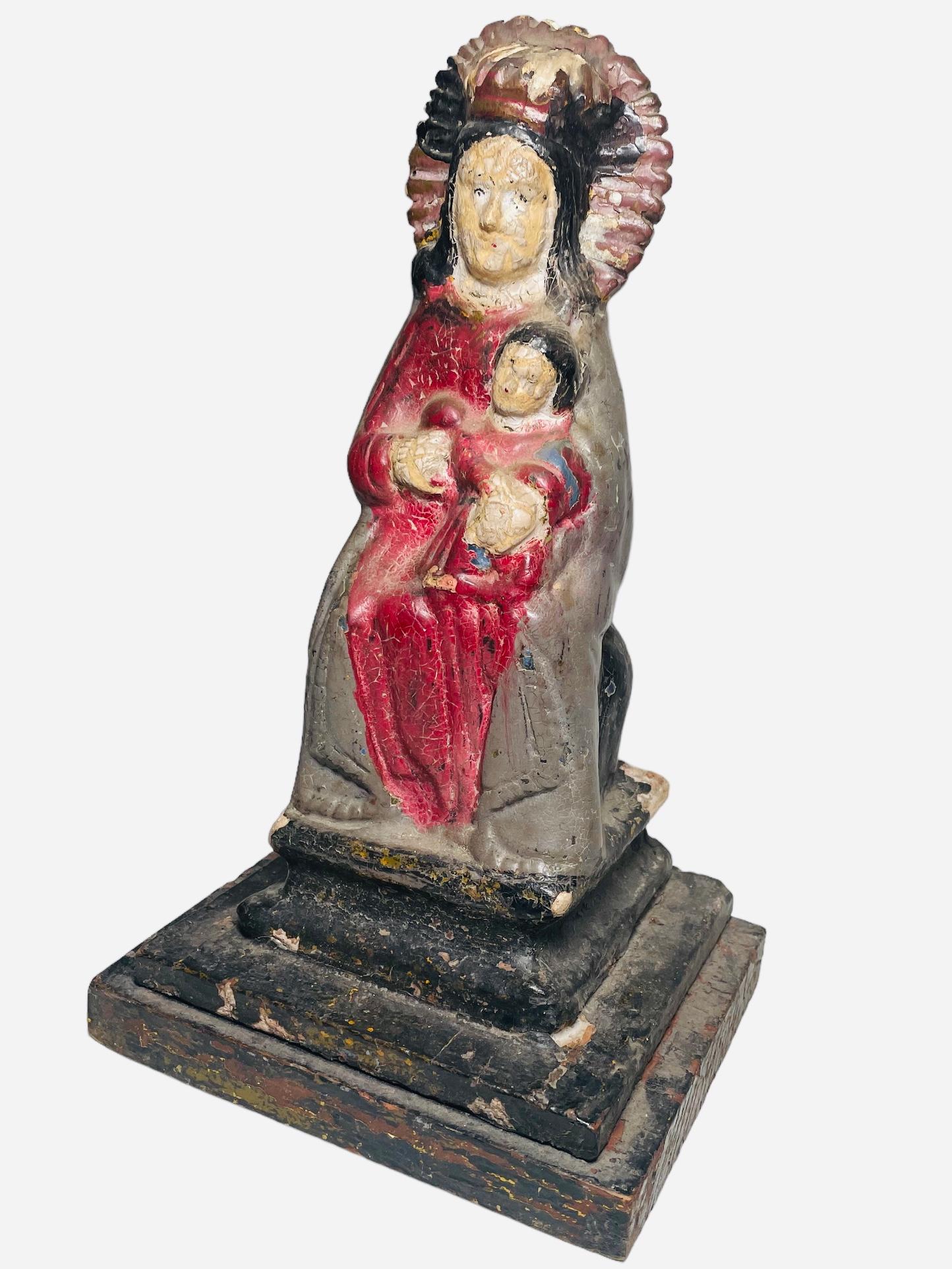 Early 20th Century Hand Carved Wood Plaster Sculpture Of Our Lady Of Monserrat In Good Condition For Sale In Guaynabo, PR
