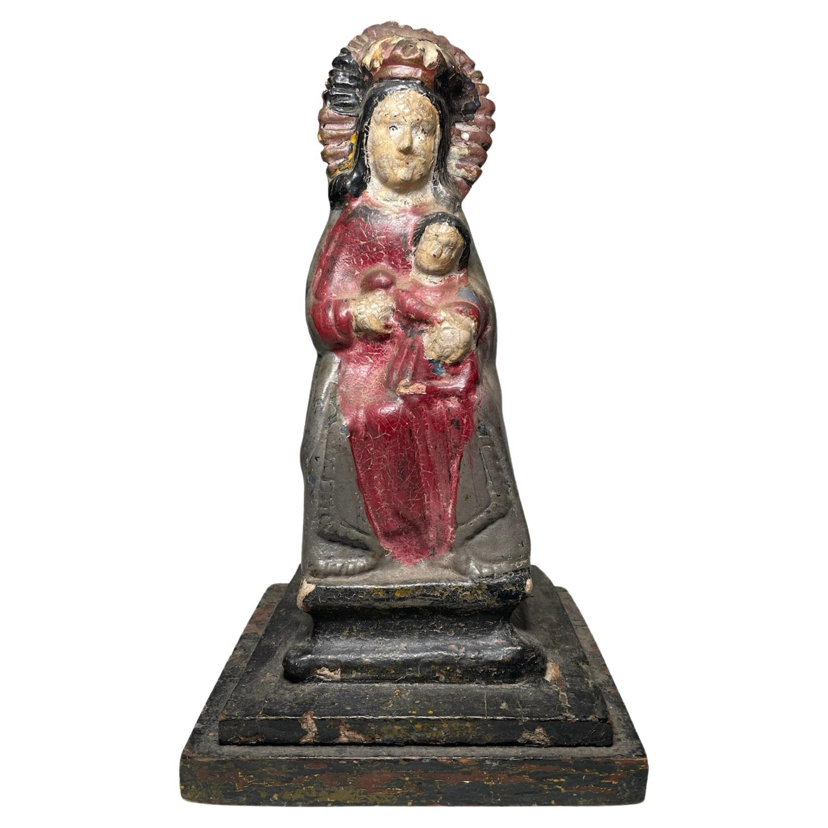 Early 20th Century Hand Carved Wood Plaster Sculpture Of Our Lady Of Monserrat For Sale