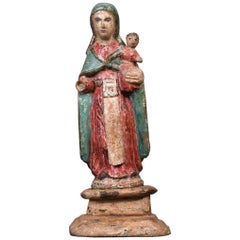 Early 20th Century Hand Carved Wood Sculpture of Virgen Del Carmen Santo