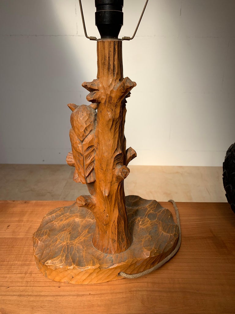 Early 20th Century Hand Carved Wooden Black Forest Owl in Tree Table