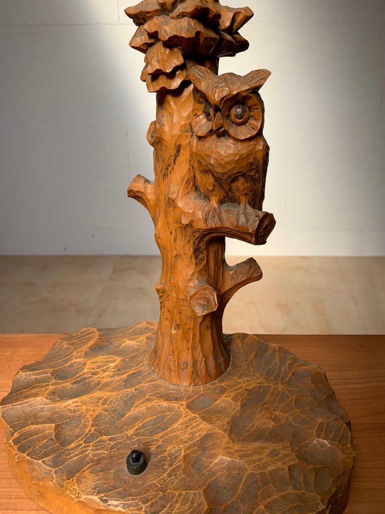 Early 20th Century Hand Carved Wooden Black Forest Owl in Tree Table