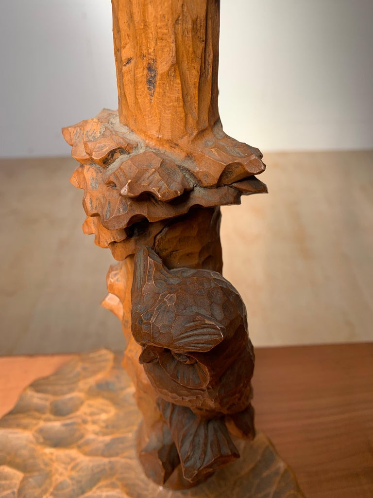 Early 20th Century Hand Carved Wooden Black Forest Owl in Tree Table
