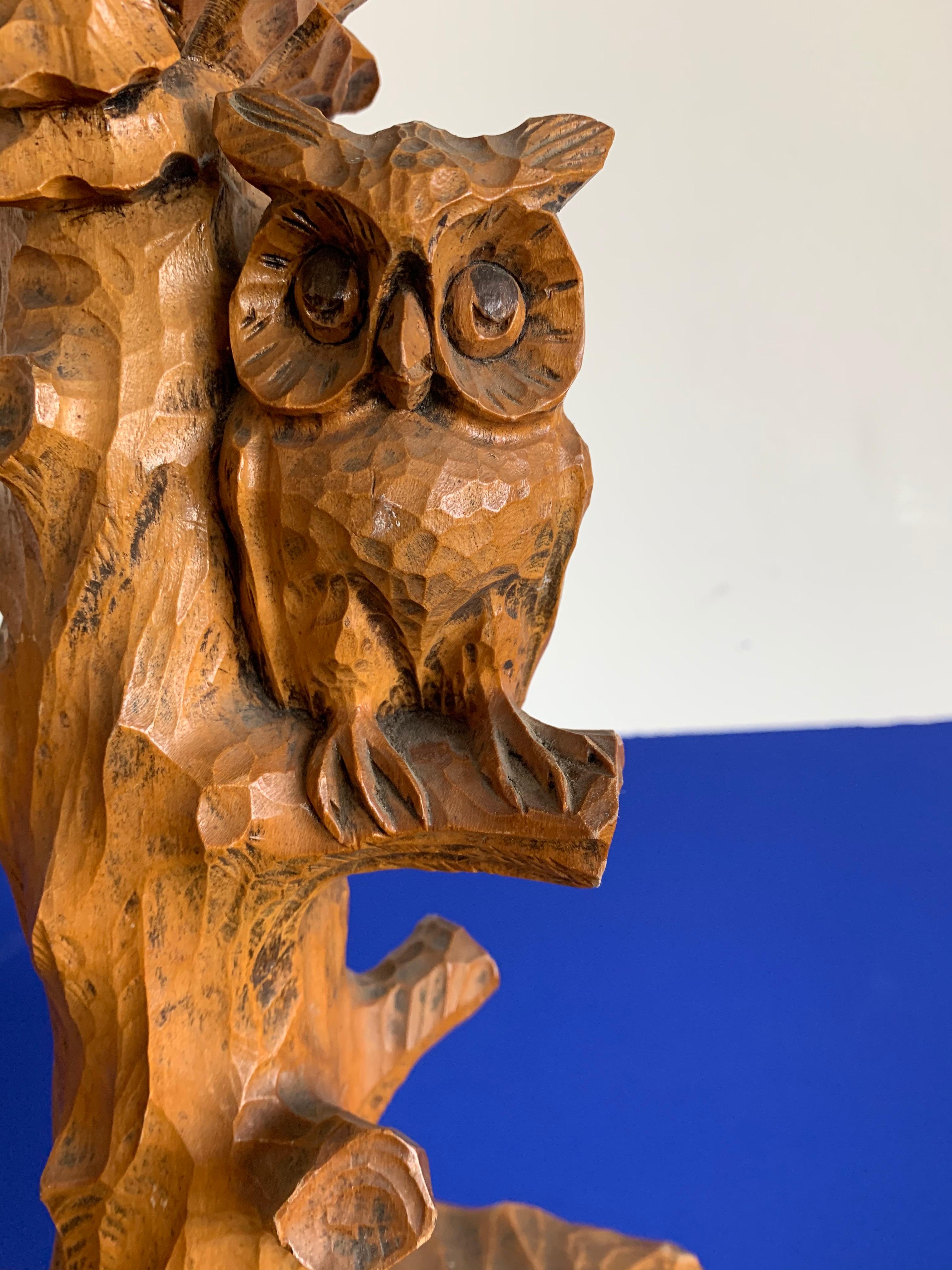 Early 1900, Hand Carved Wooden Black Forest Owl in Tree Table / Desk Lamp 10