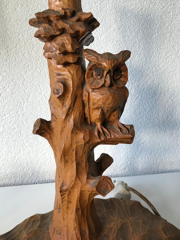 Early 20th Century Hand Carved Wooden Black Forest Owl in Tree Table