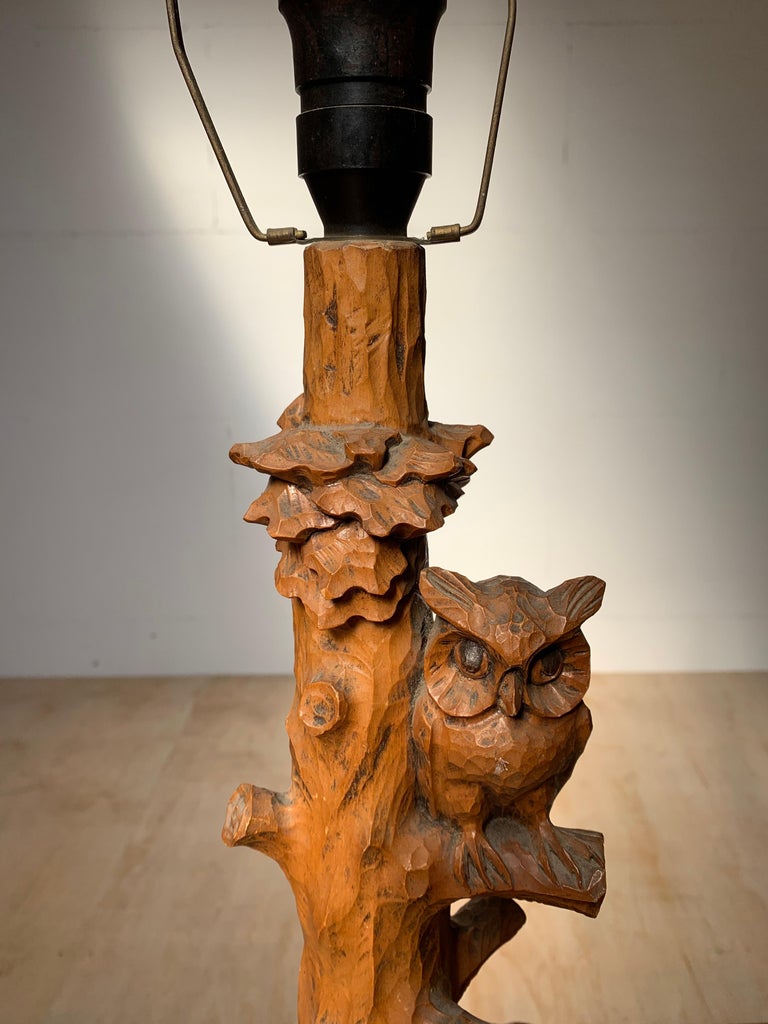 Early 20th Century Hand Carved Wooden Black Forest Owl in Tree Table