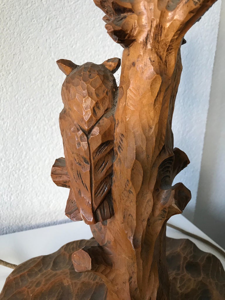 Early 20th Century Hand Carved Wooden Black Forest Owl in Tree Table