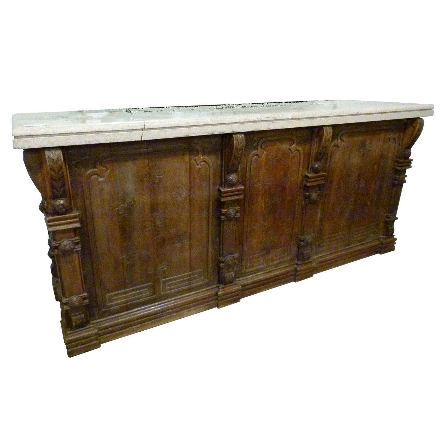Early 20th Century Large Hand Carved Wooden and marble Top Dry Bar at