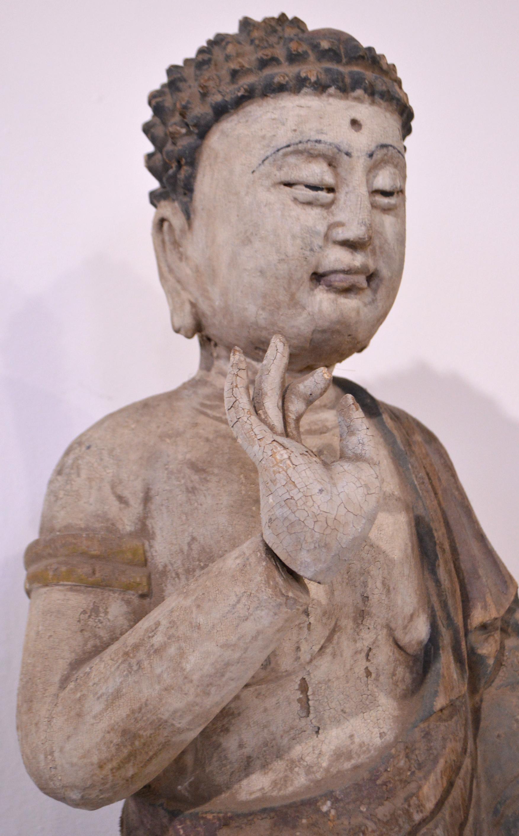 Ming Early 20th Century Hand Carved Wooden Pine Buddha Statue For Sale