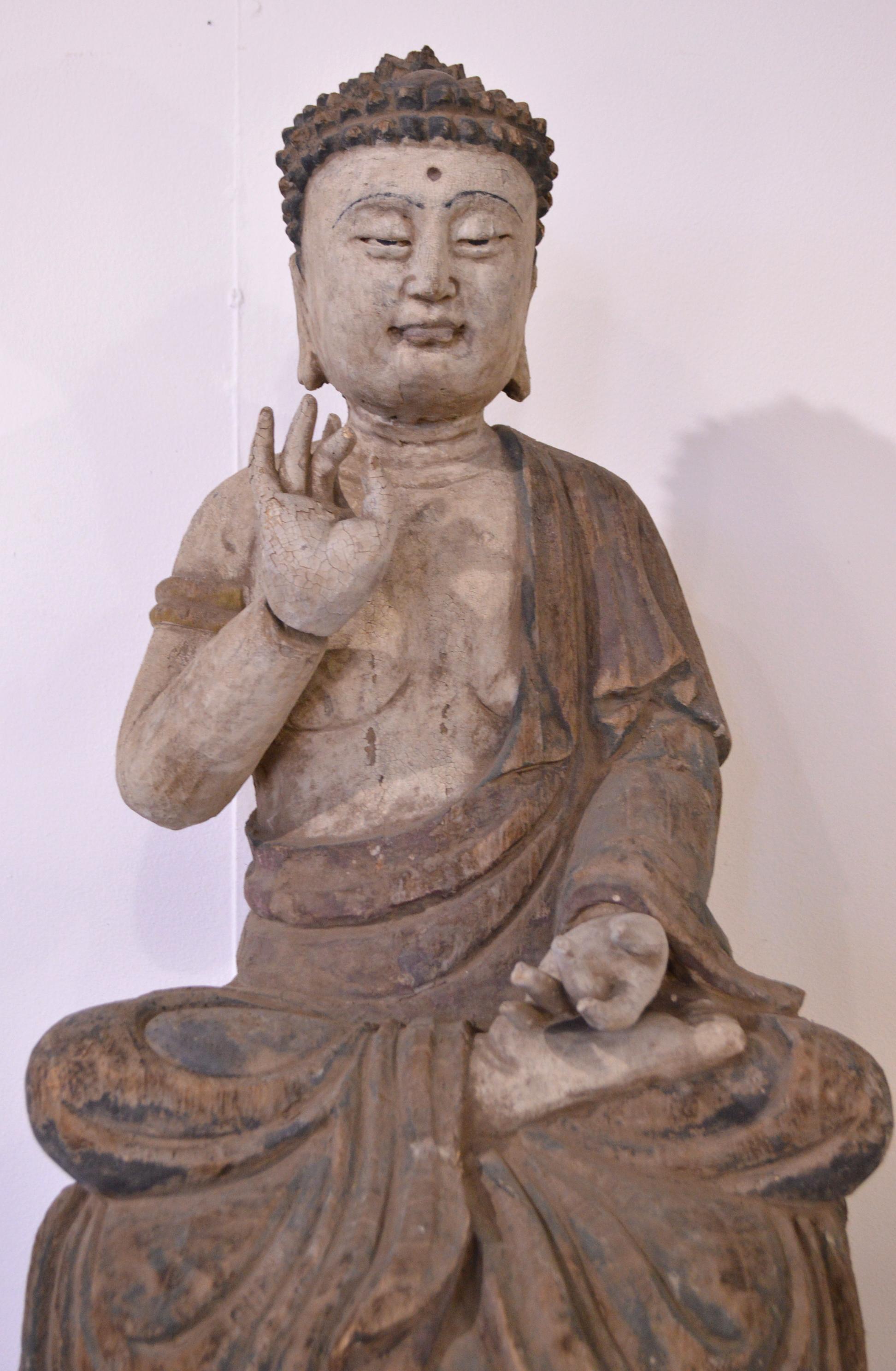 Hand-Carved Early 20th Century Hand Carved Wooden Pine Buddha Statue For Sale