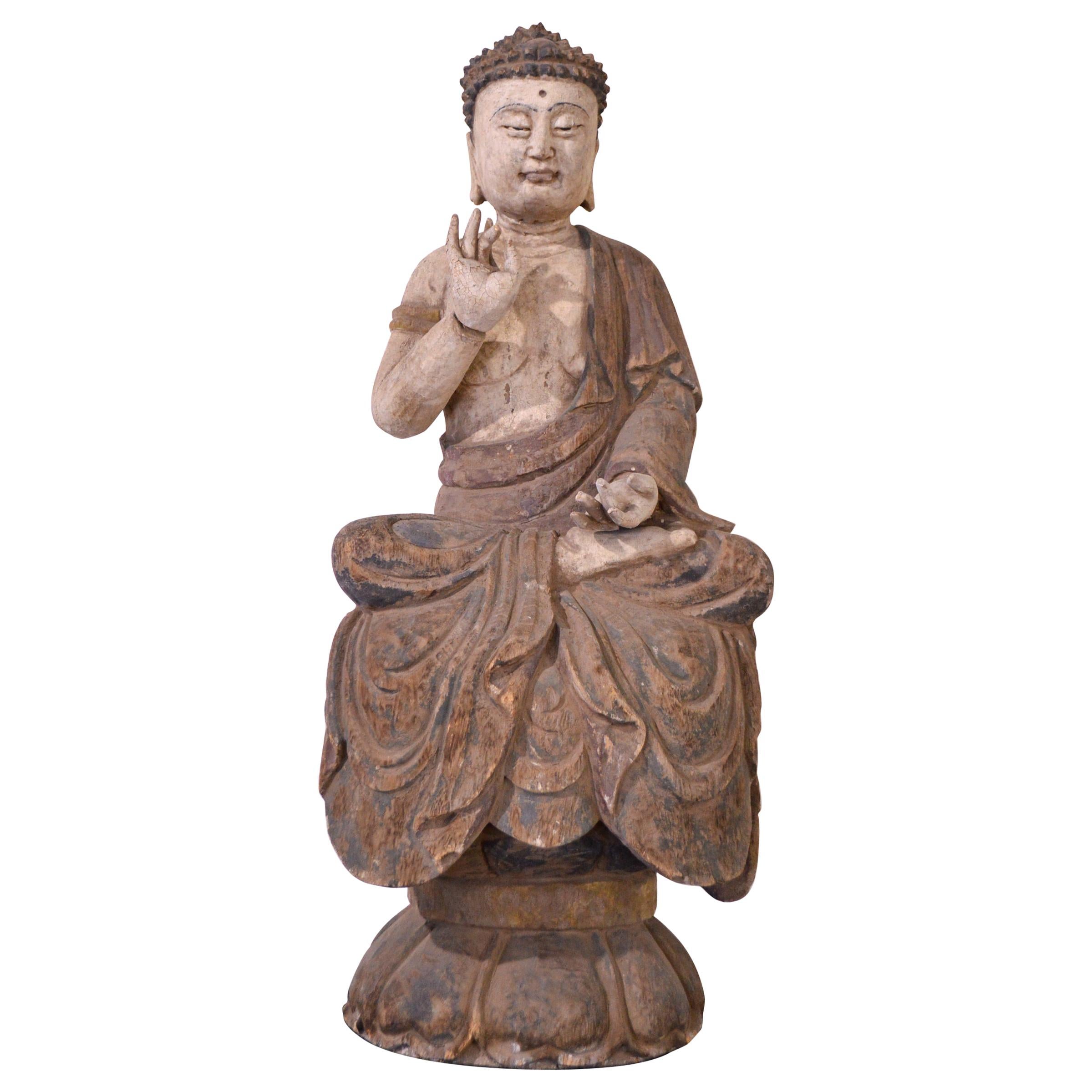 Early 20th Century Hand Carved Wooden Pine Buddha Statue For Sale