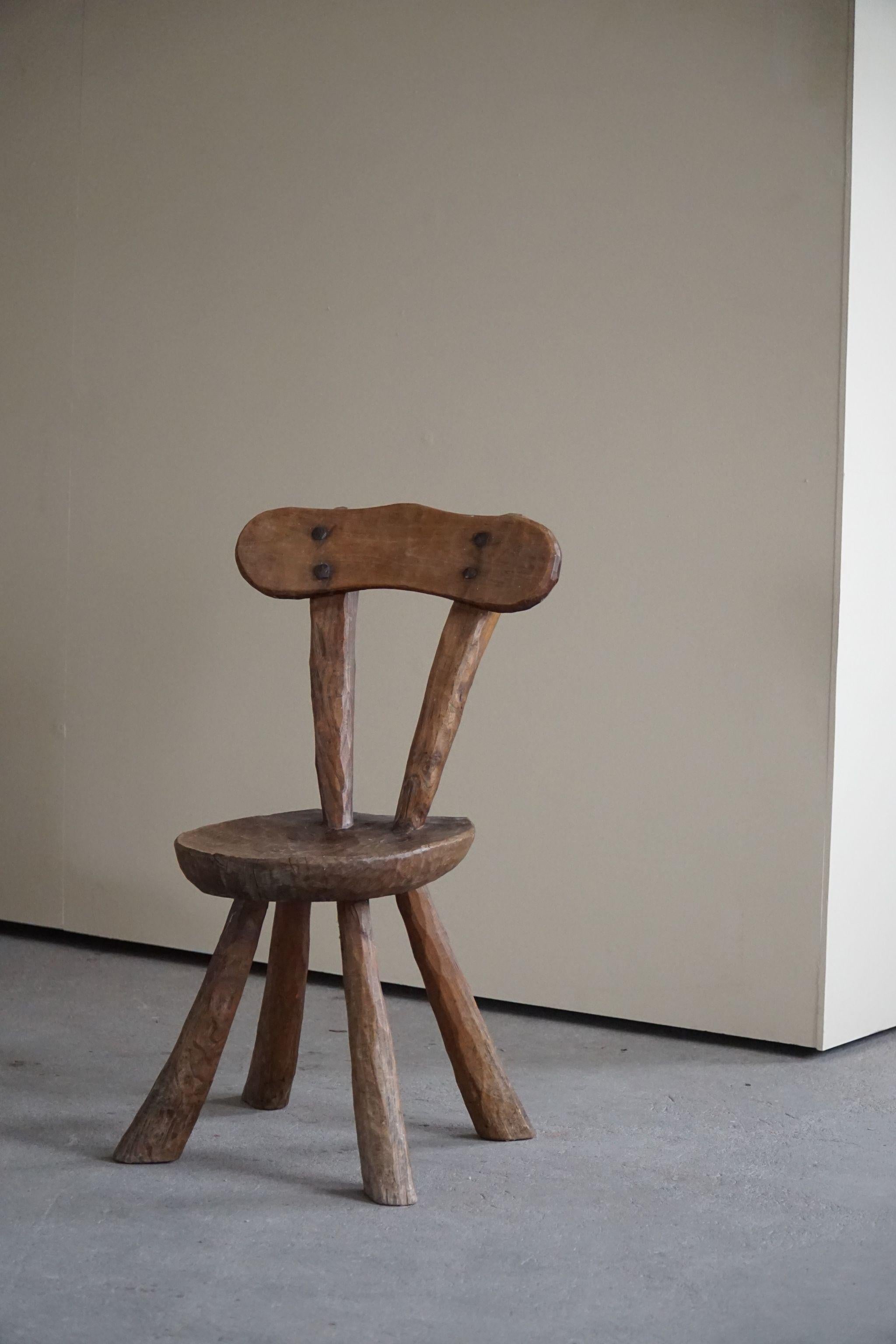 Early 20th Century Hand Carved Wooden Wabi Sabi Chair, Scandinavian Modern 3