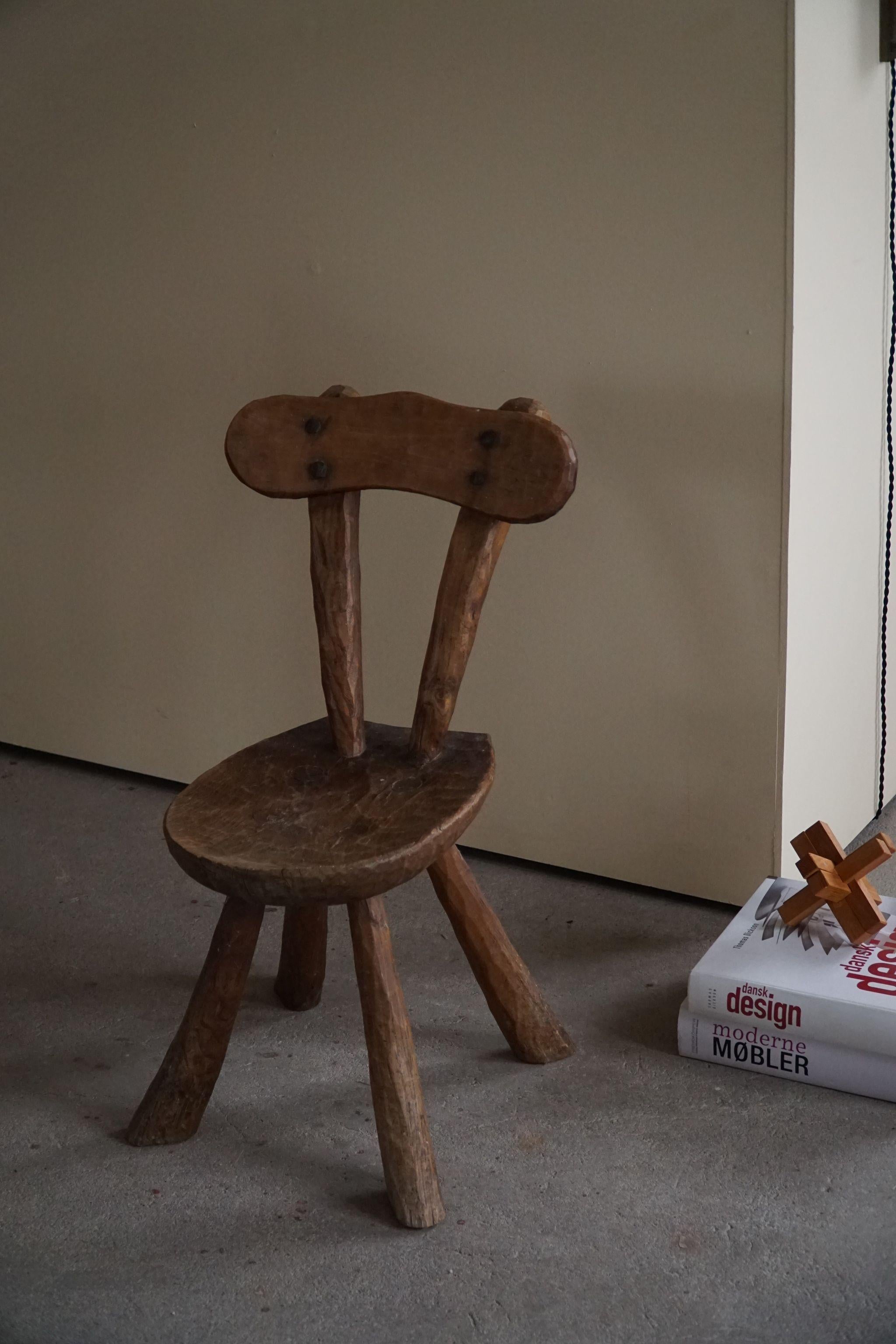 Brutalist Early 20th Century Hand Carved Wooden Wabi Sabi Chair, Scandinavian Modern