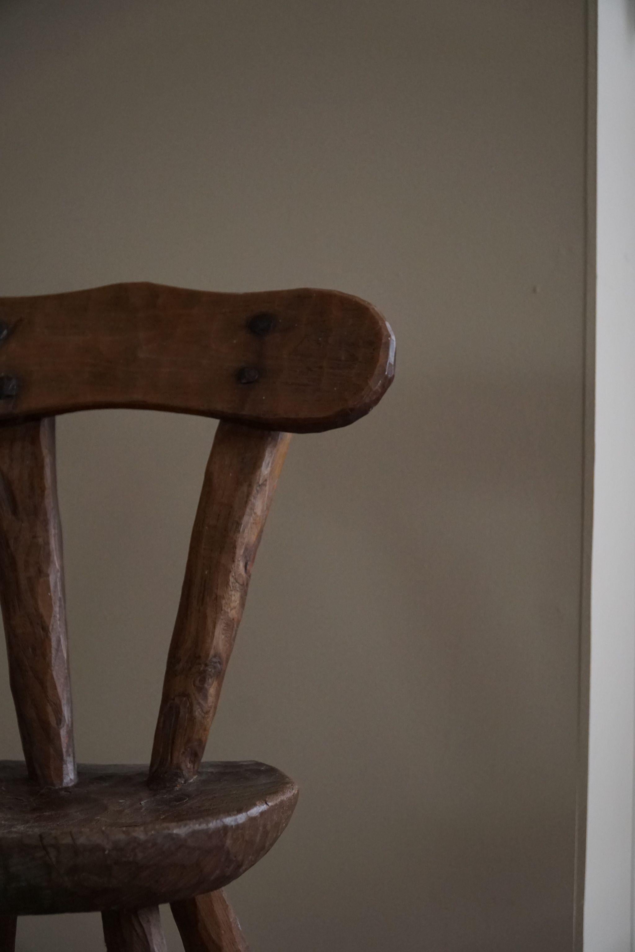 Oak Early 20th Century Hand Carved Wooden Wabi Sabi Chair, Scandinavian Modern