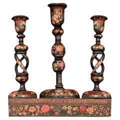 Used Early 20th Century Hand Crafted Kashmiri Candle Sticks and Box   