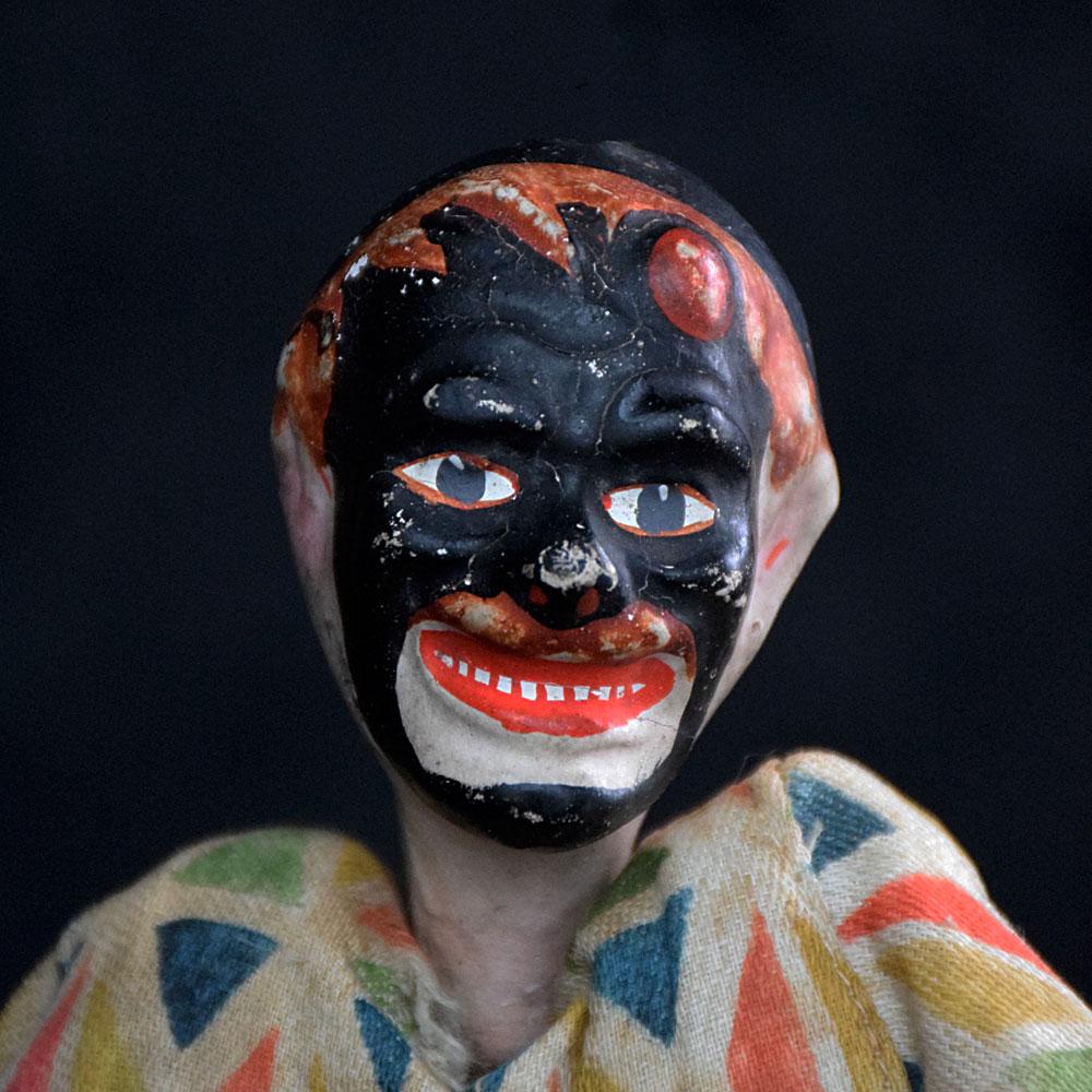 Early 20th century hand crafted puppet 
We are proud to offer a lovely example of an early 20th century hand carved French puppet, in the form of a clown. Composite painted head, hands, and feet. With bespoke stitched clothes and a great facial
