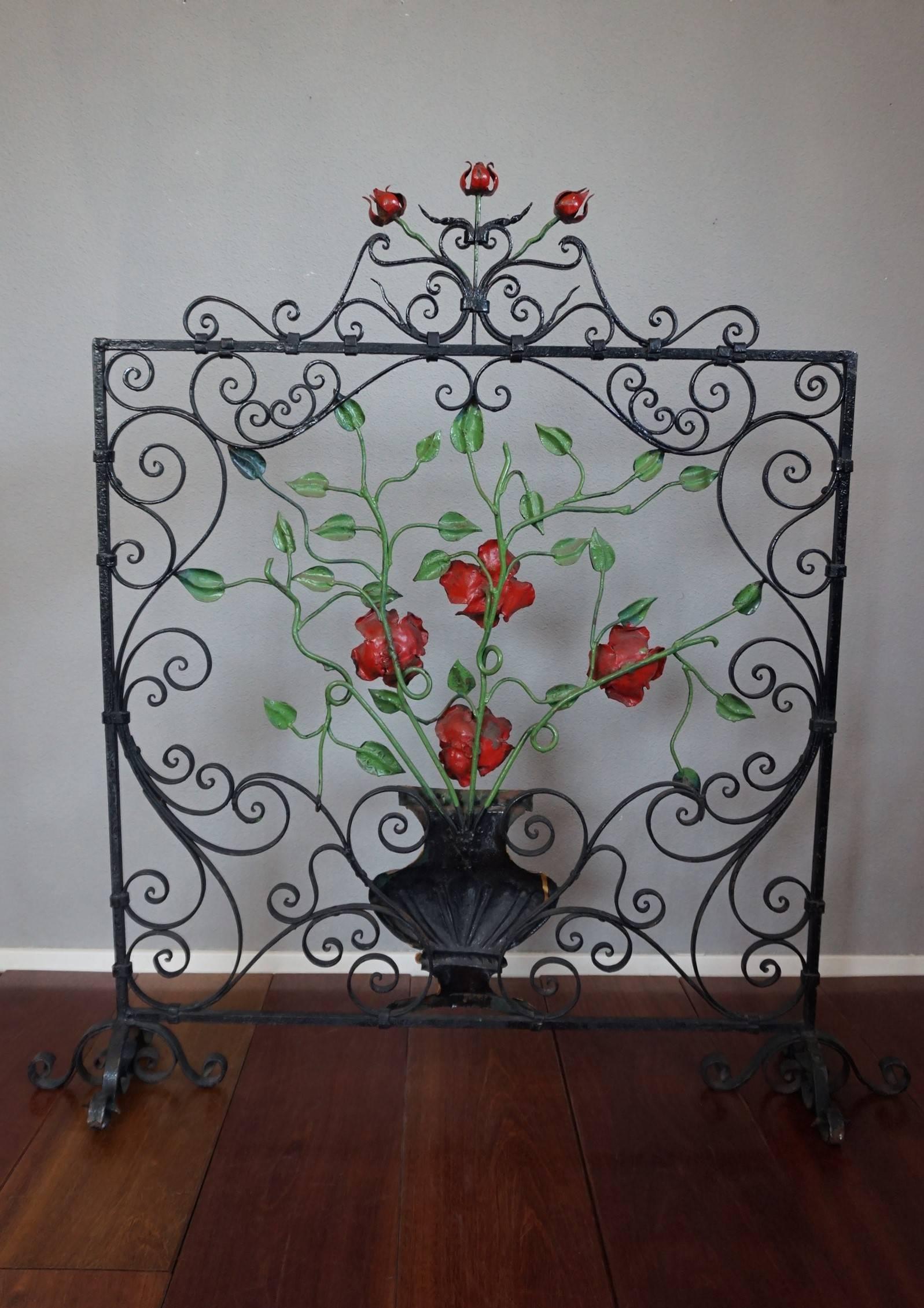 Early 20th Century Handcrafted Wrought Iron Firescreen with Roses in Vase Decor 4