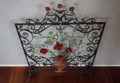 Early 20th Century Handcrafted Wrought Iron Firescreen with Roses in Vase Decor