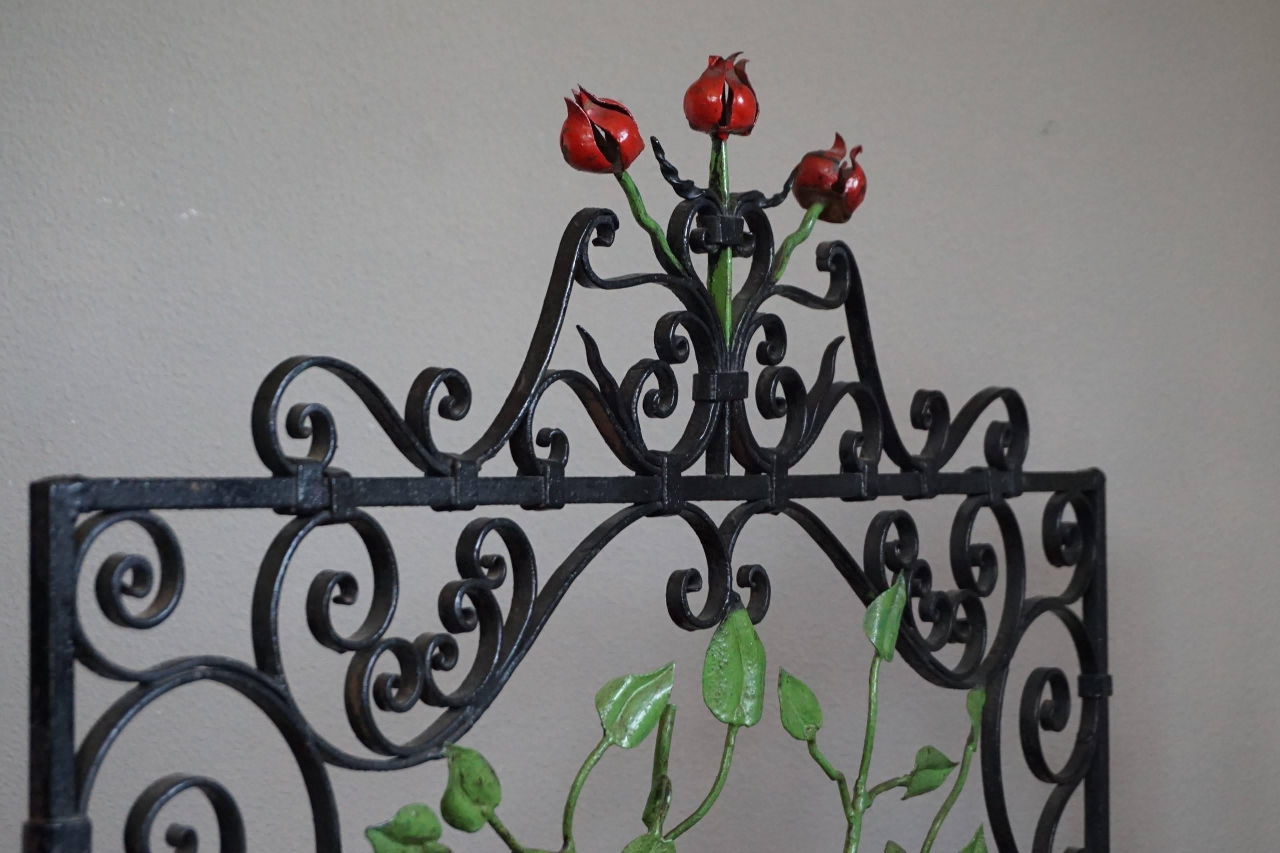 Early 20th Century Handcrafted Wrought Iron Firescreen with Roses in Vase Decor 2