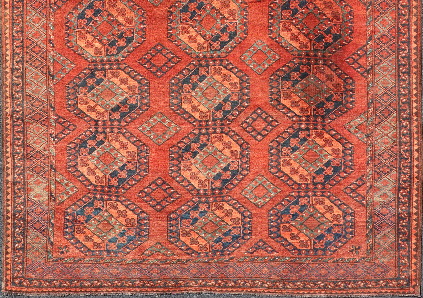 Islamic Early 20th Century Hand-Knotted Turkomen Ersari Rug in Wool with Gul Design For Sale